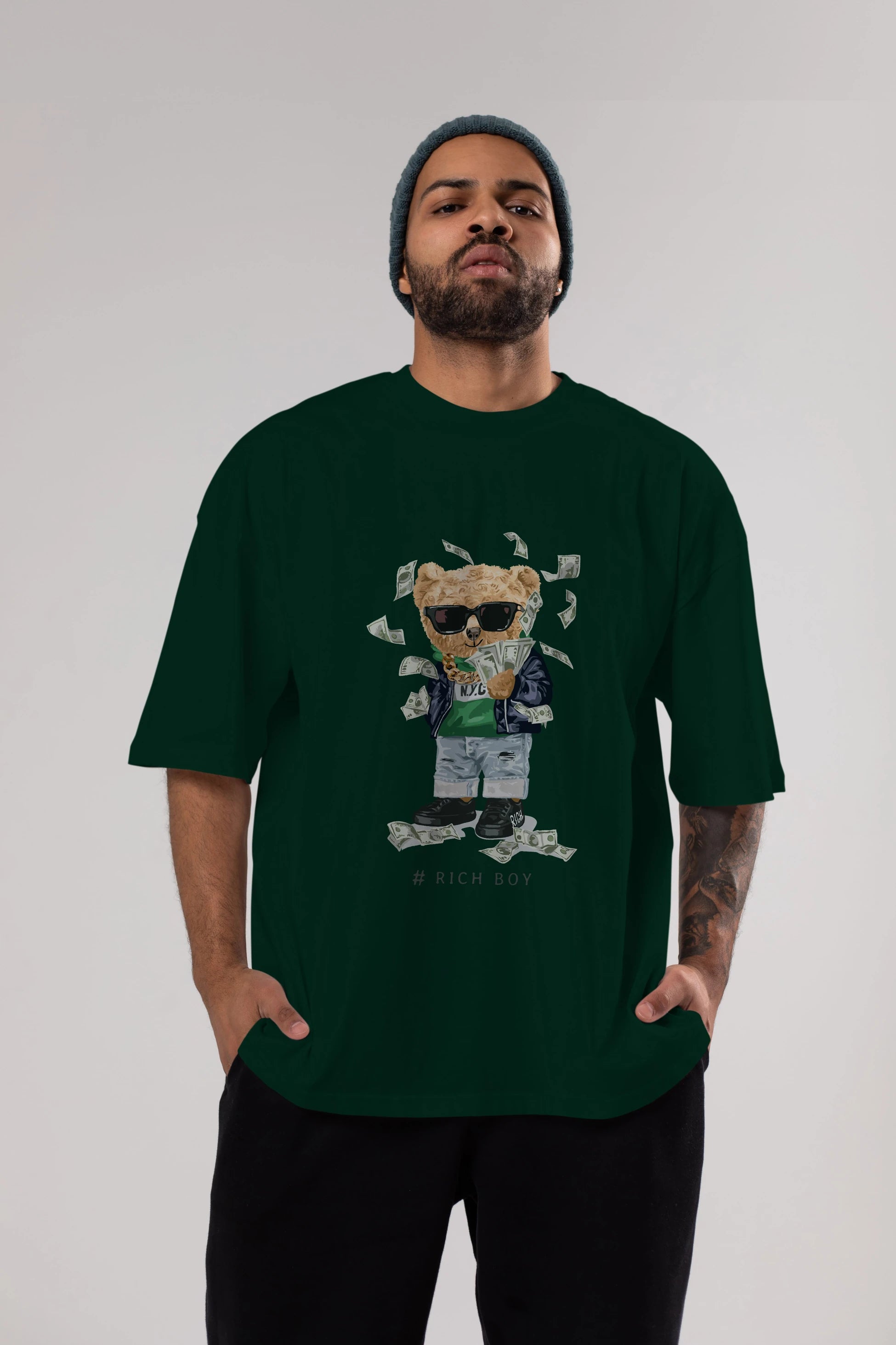 Teddy Bear Rich Boy Ön Baskılı Oversize t-shirt Erkek Kadın Unisex %100 Pamuk