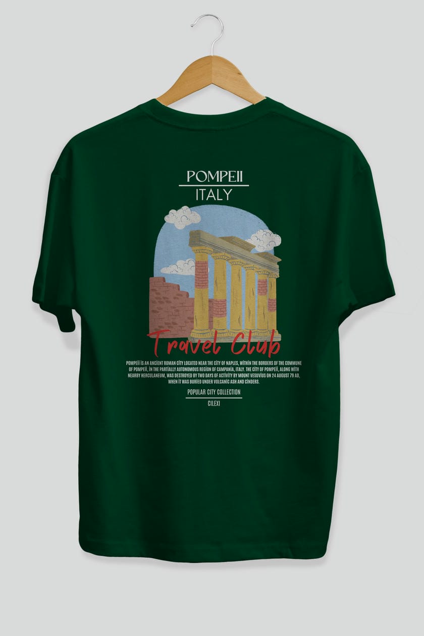 Pompeii İtaly Arka Baskılı Oversize t-shirt Erkek Kadın Pamuk Bisiklet Yaka tişort