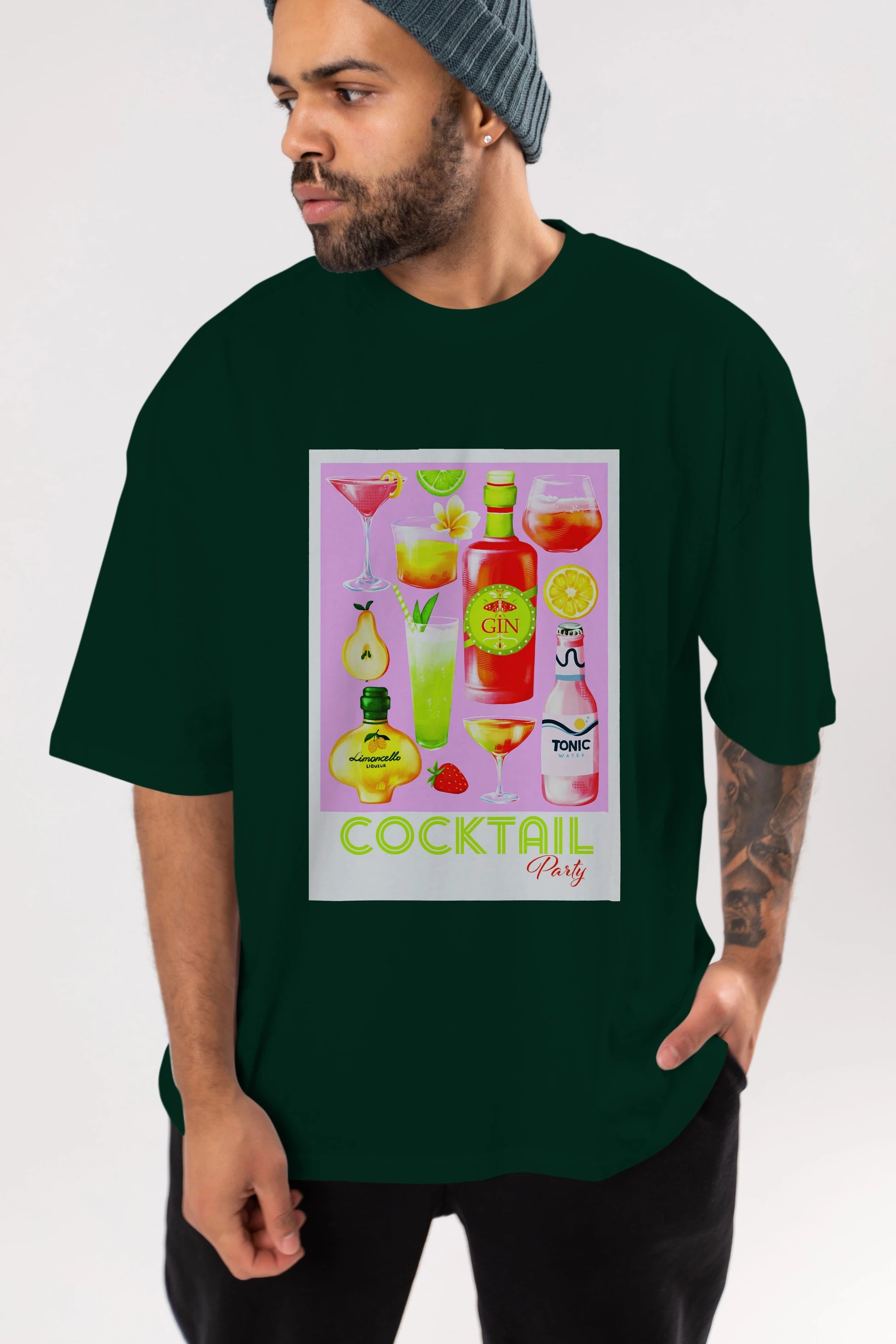 Cocktail Party Ön Baskılı Oversize t-shirt Erkek Kadın Unisex %100 Pamuk Bisiklet Yaka tişort