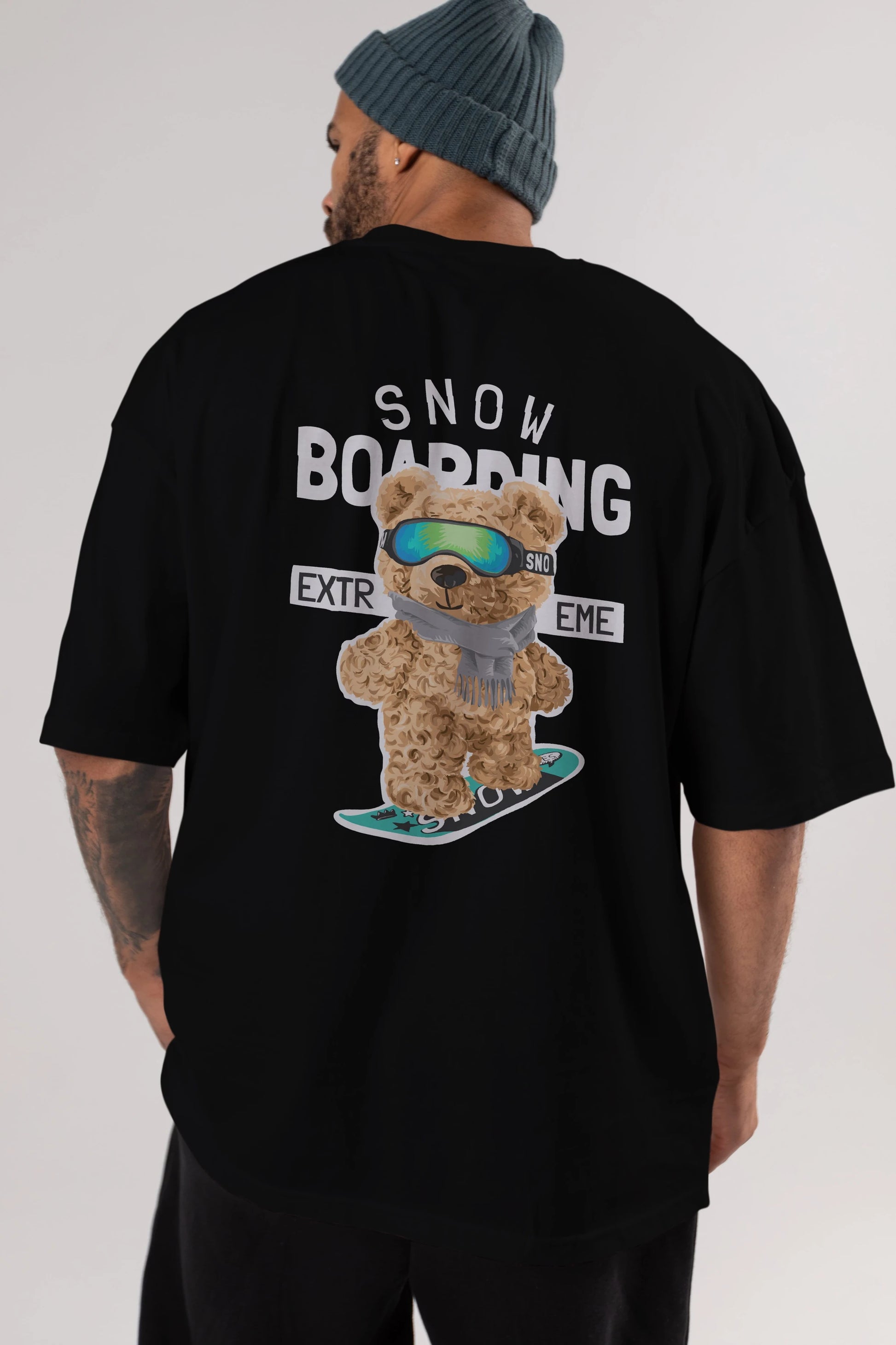 Teddy Bear Snow Boarding Arka Baskılı Oversize t-shirt Erkek Kadın Unisex %100 Pamuk