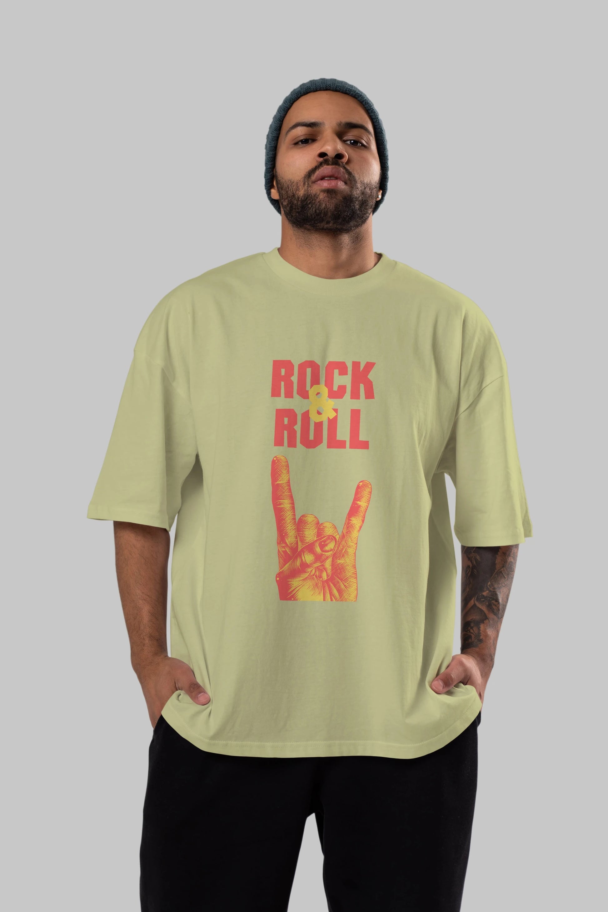 Rock & Roll Yazılı Ön Baskılı Oversize t-shirt Erkek Kadın Unisex