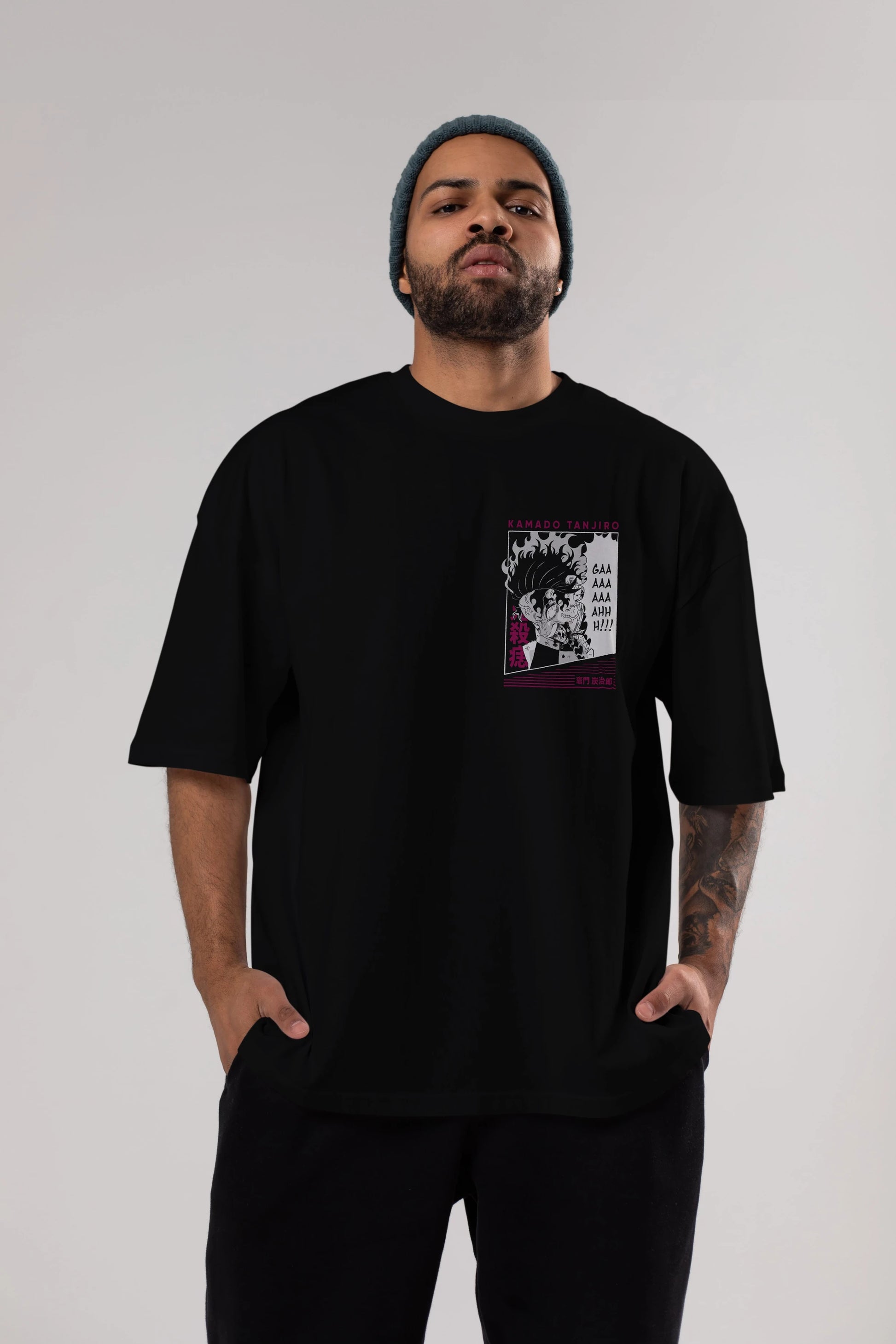 TANJIRO KAMADO 3 Ön Sol Baskılı Oversize t-shirt Erkek Kadın Unisex %100 Pamuk Bisiklet Yaka tişort
