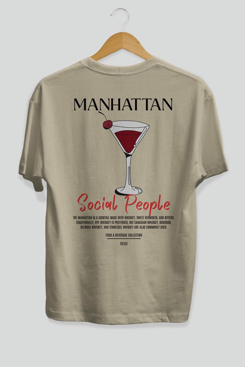 Manhattan Kokteyl Serisi Baskılı Oversize t-shirt Erkek Kadın Unisex %100 Pamuk Bisiklet Yaka tişort