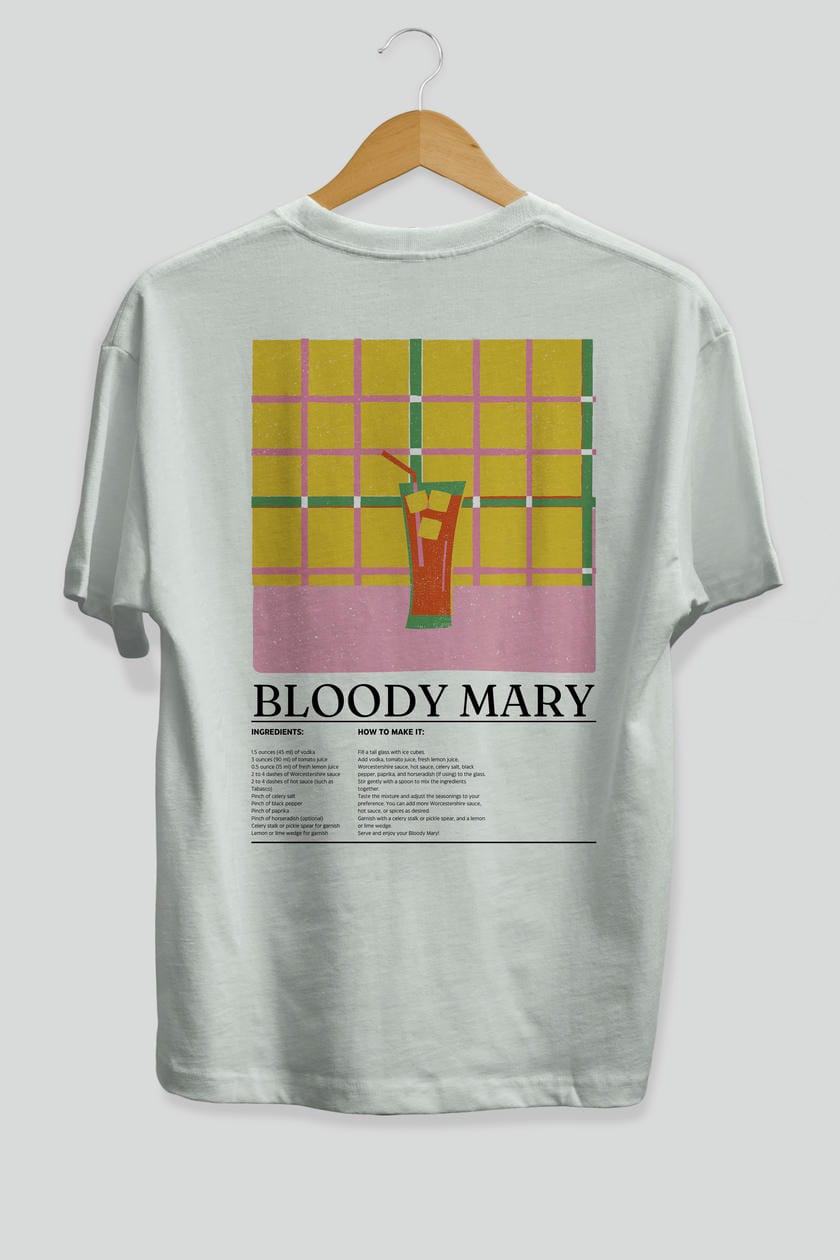 Bloody Mary Kokteyl Serisi Arka Baskılı Oversize t-shirt Erkek Kadın %100 Pamuk Bisiklet Yaka tişort