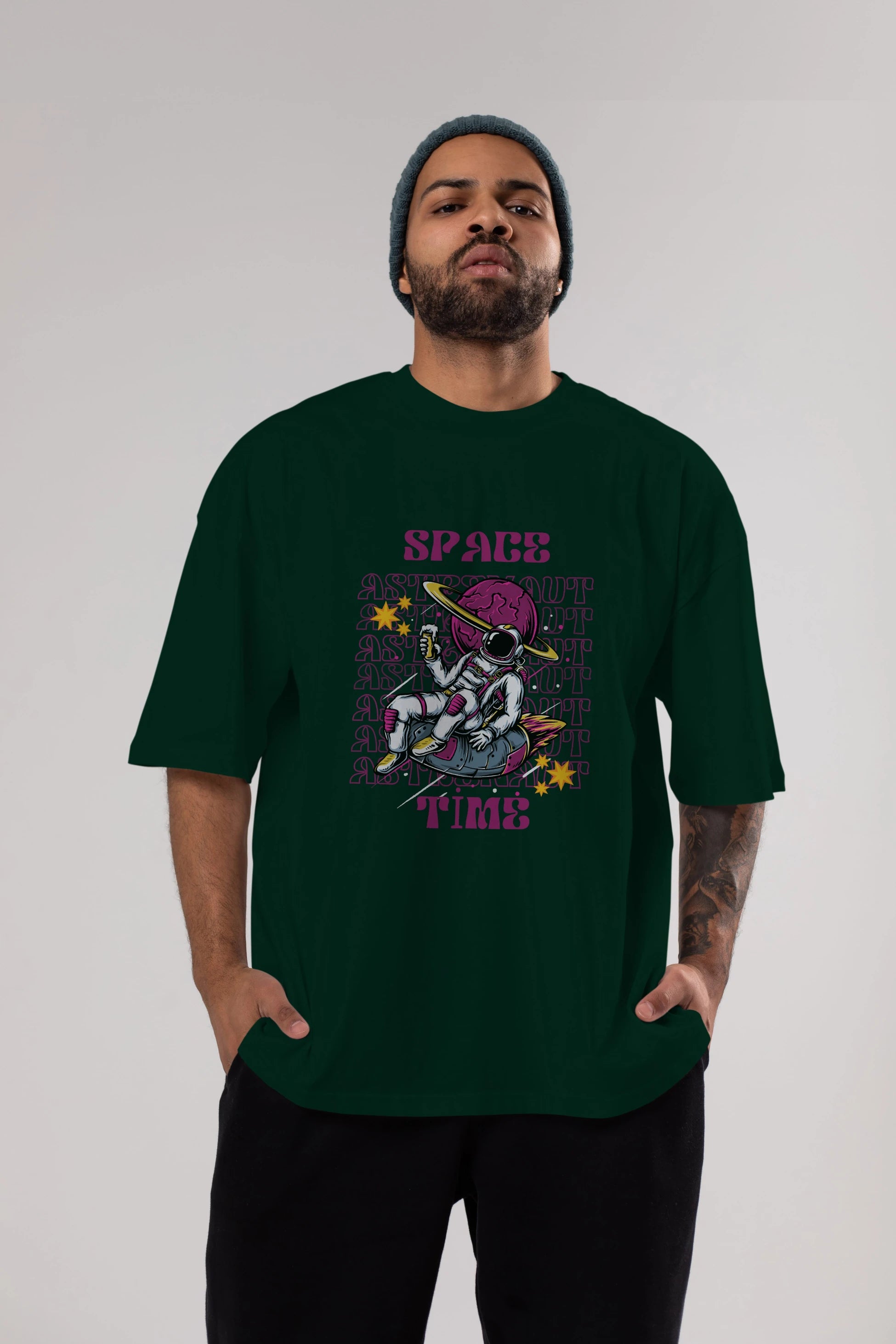 Space Time Astronaut Yazılı Ön Baskılı Oversize t-shirt Erkek Kadın Unisex