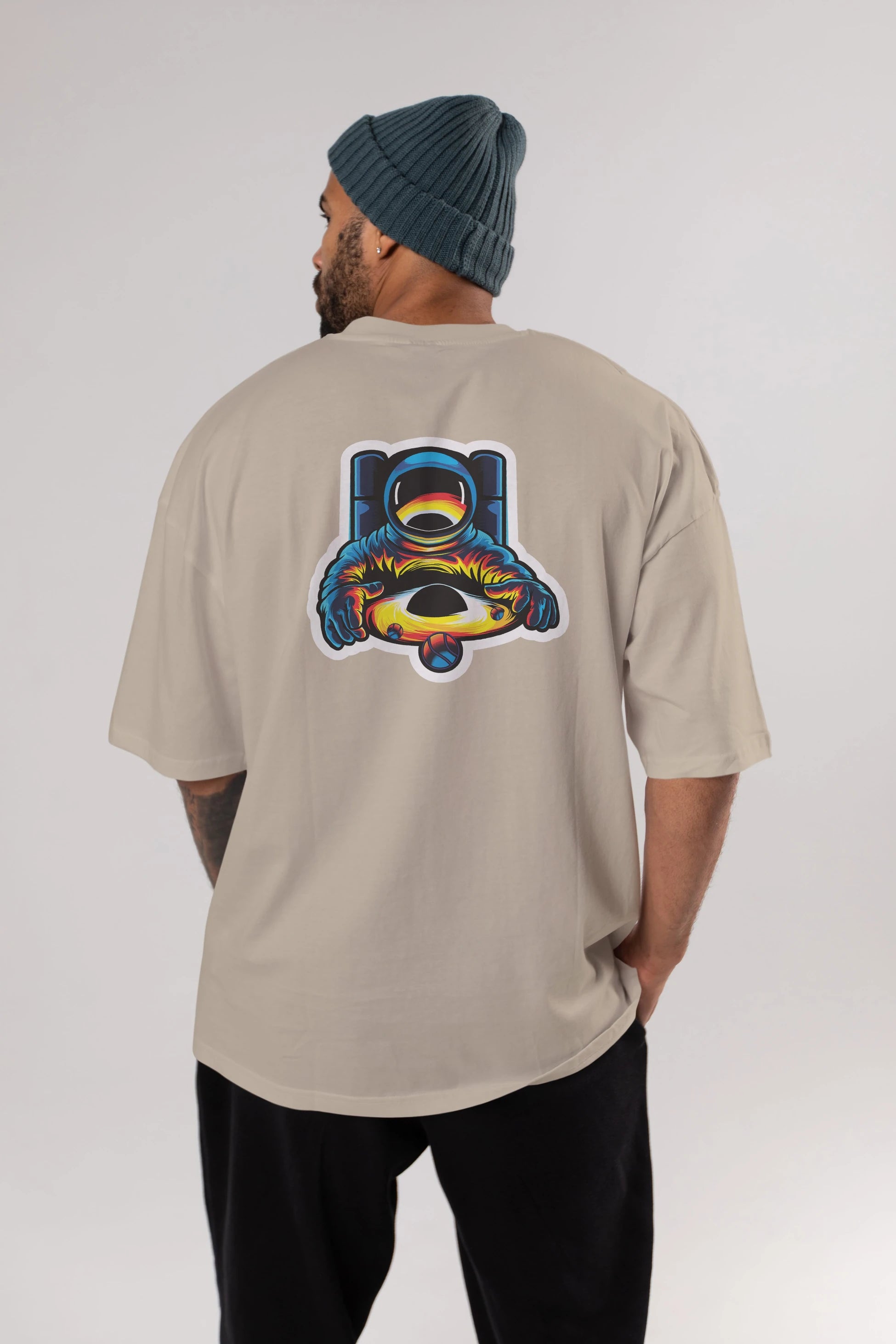 Astronaut & Black Hole Sticker Arka Baskılı Oversize t-shirt Erkek Kadın Unisex