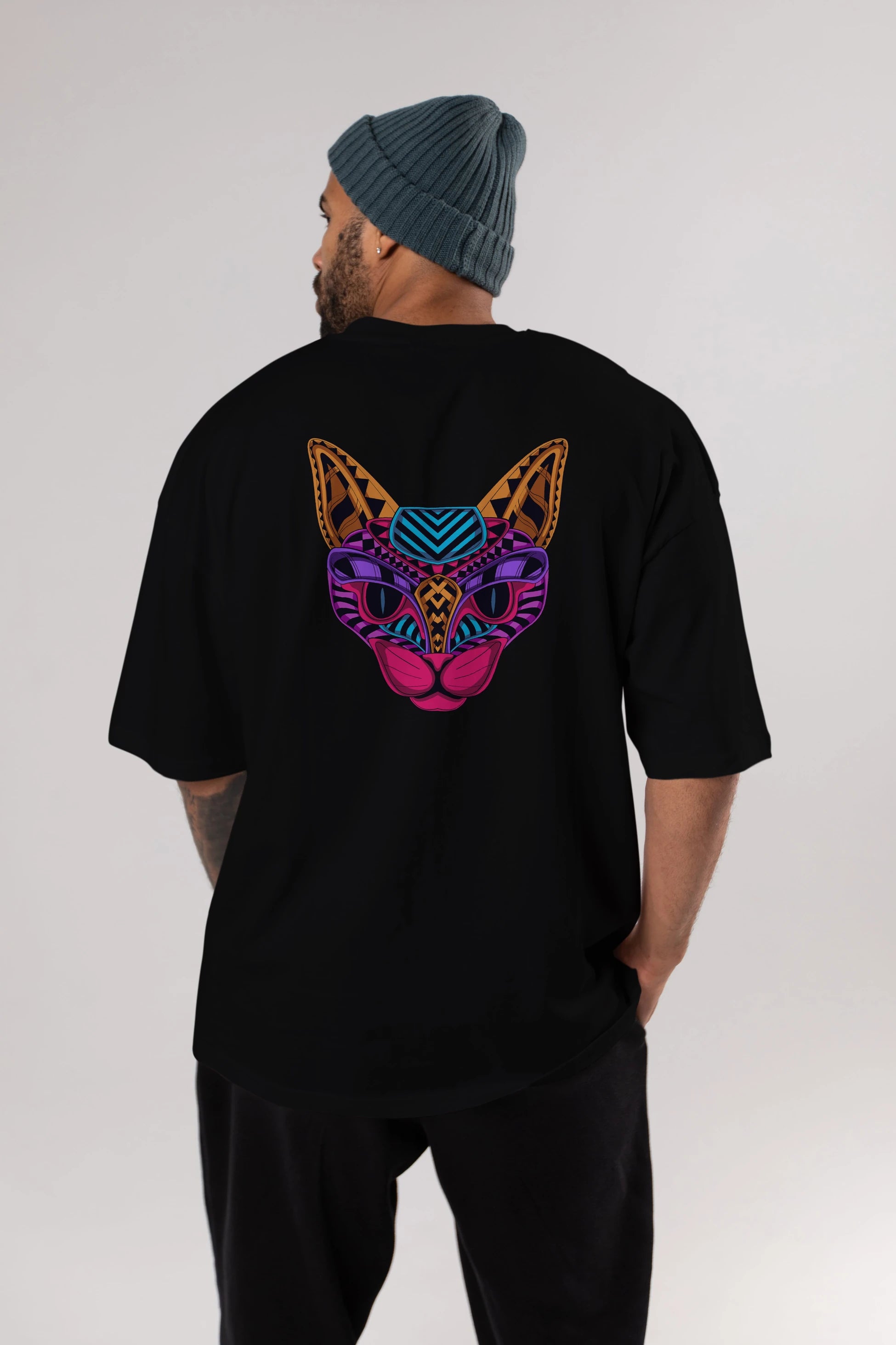 Black Neon Cat Arka Baskılı Oversize t-shirt Erkek Kadın Unisex