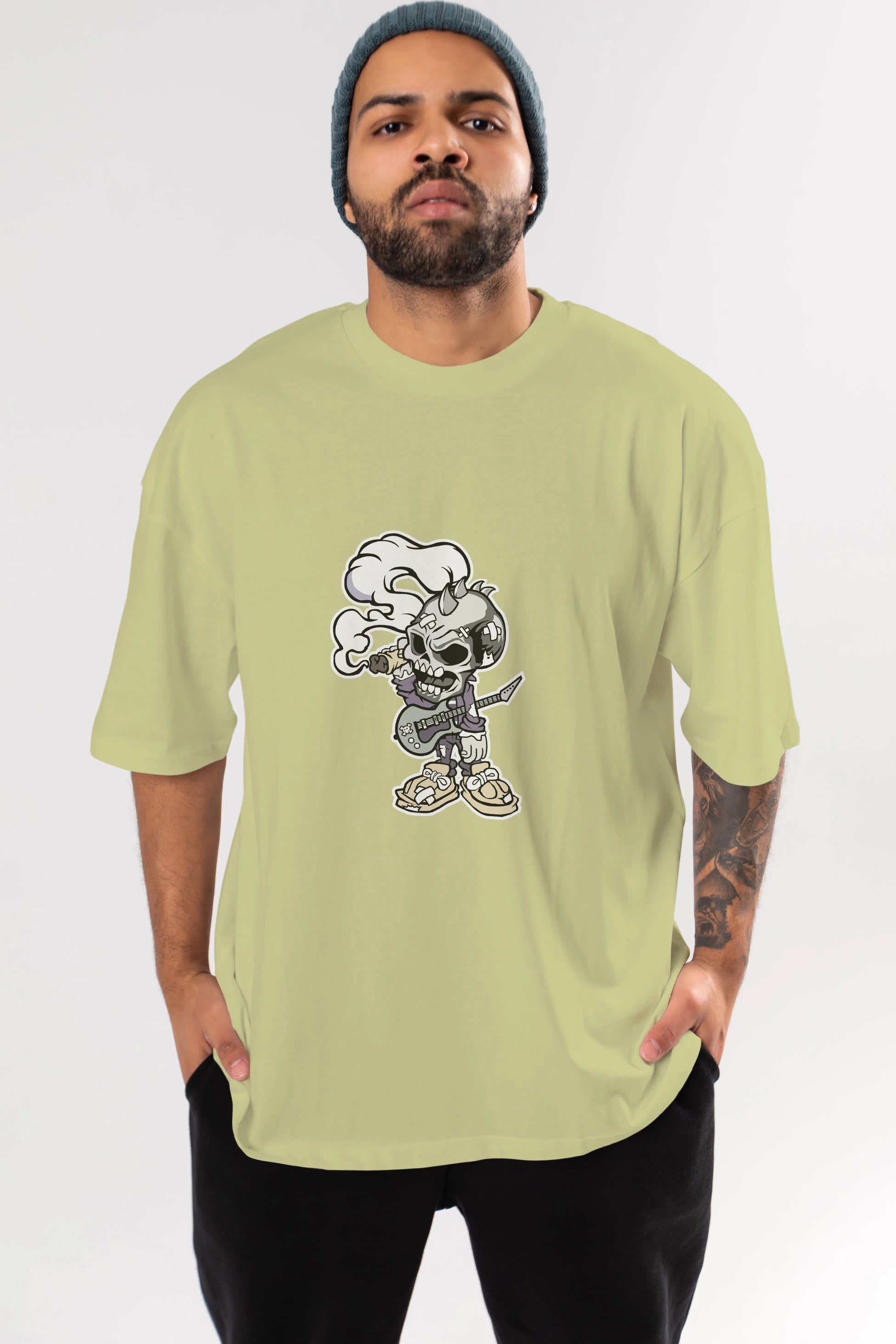 Skull Smoker Punk Rocker Ön Baskılı Oversize t-shirt Erkek Kadın Unisex %100 Pamuk tişort
