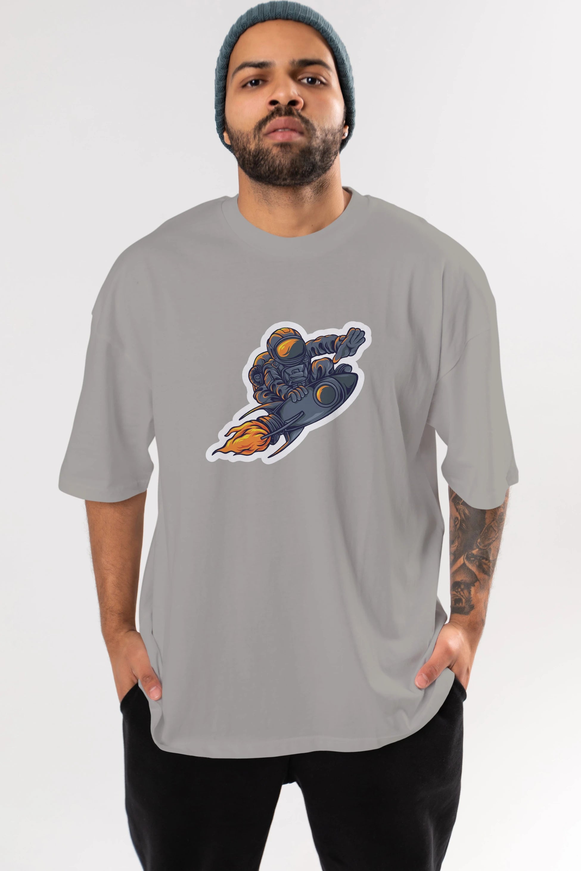 Astrocket Illustration Sticker Ön Baskılı Oversize t-shirt Erkek Kadın Unisex