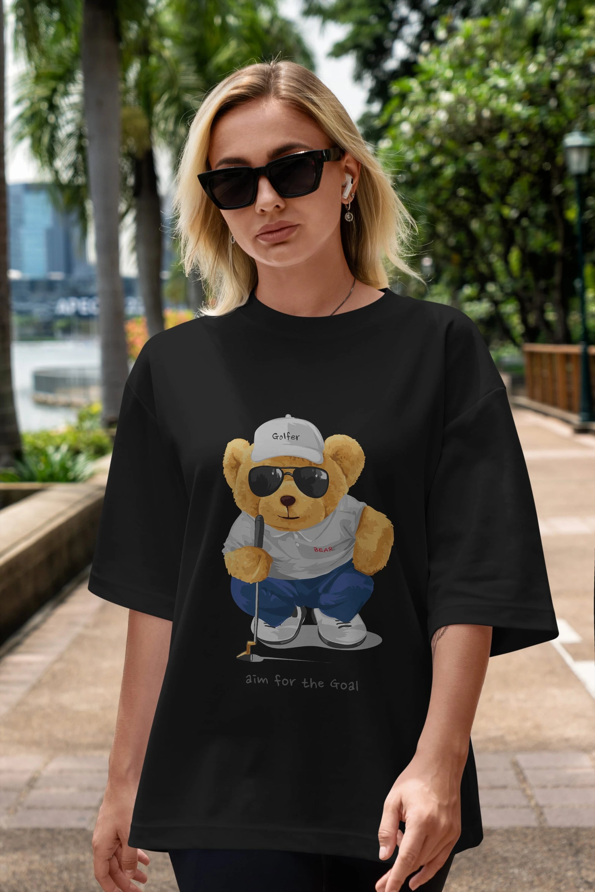 Teddy Bear Golfer Ön Baskılı Oversize t-shirt Erkek Kadın Unisex %100 Pamuk