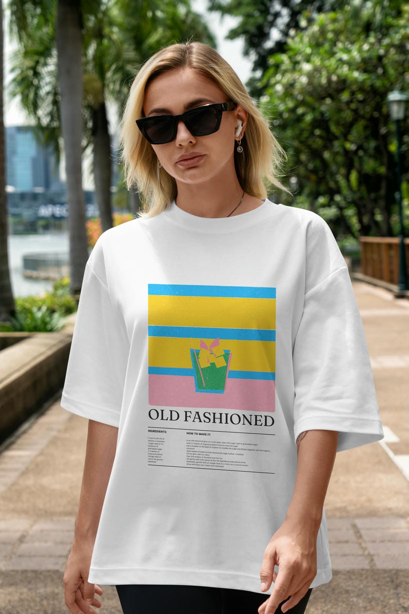 Old Fashioned Kokteyl Ön Baskılı Oversize t-shirt Erkek Kadın %100 Pamuk Bisiklet Yaka tişort