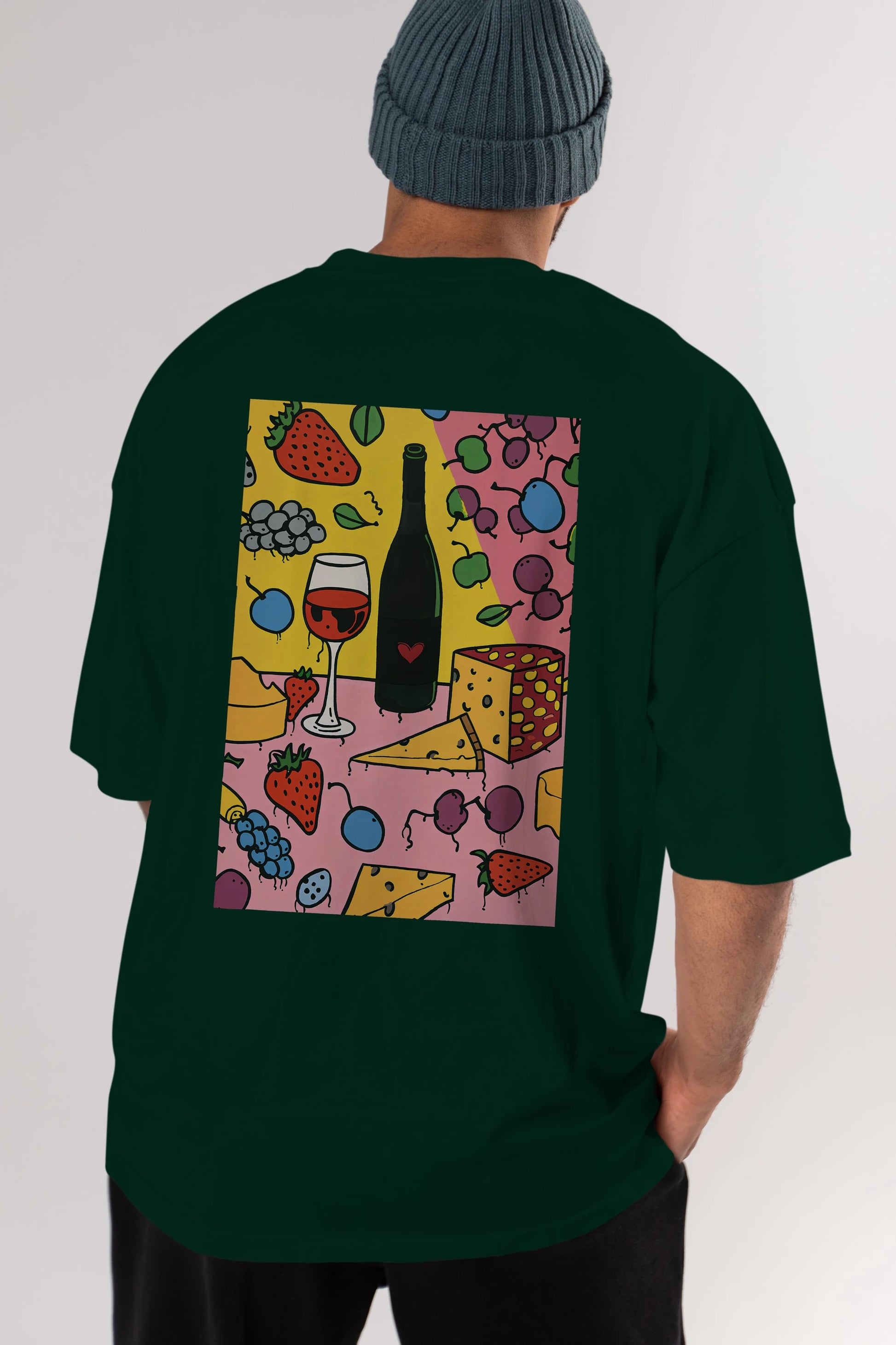Wine Cheese Fruits Arka Baskılı Oversize t-shirt Erkek Kadın Unisex %100 Pamuk Bisiklet Yaka tişort