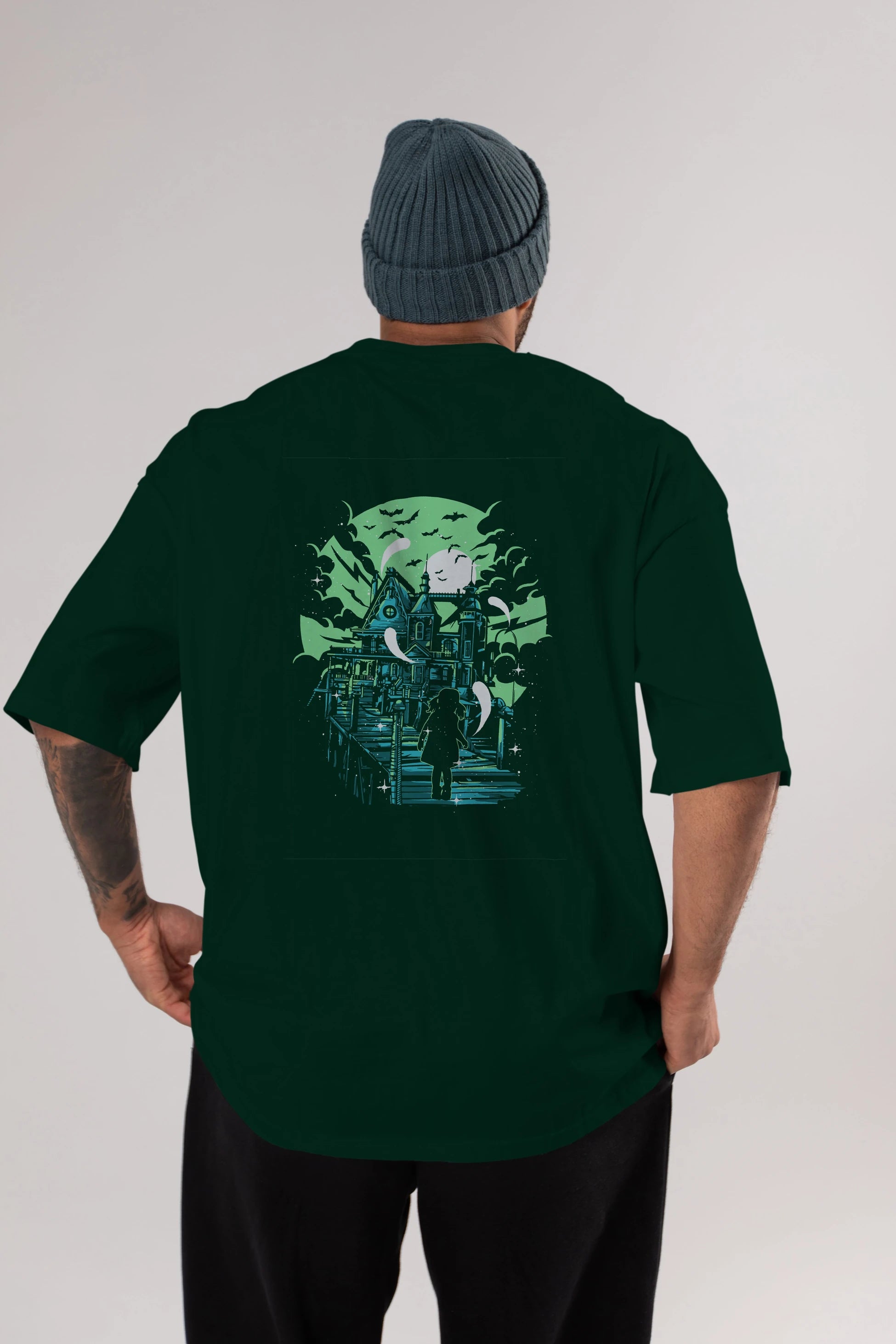 Haunted House Arka Baskılı Oversize t-shirt Erkek Kadın Unisex %100 Pamuk