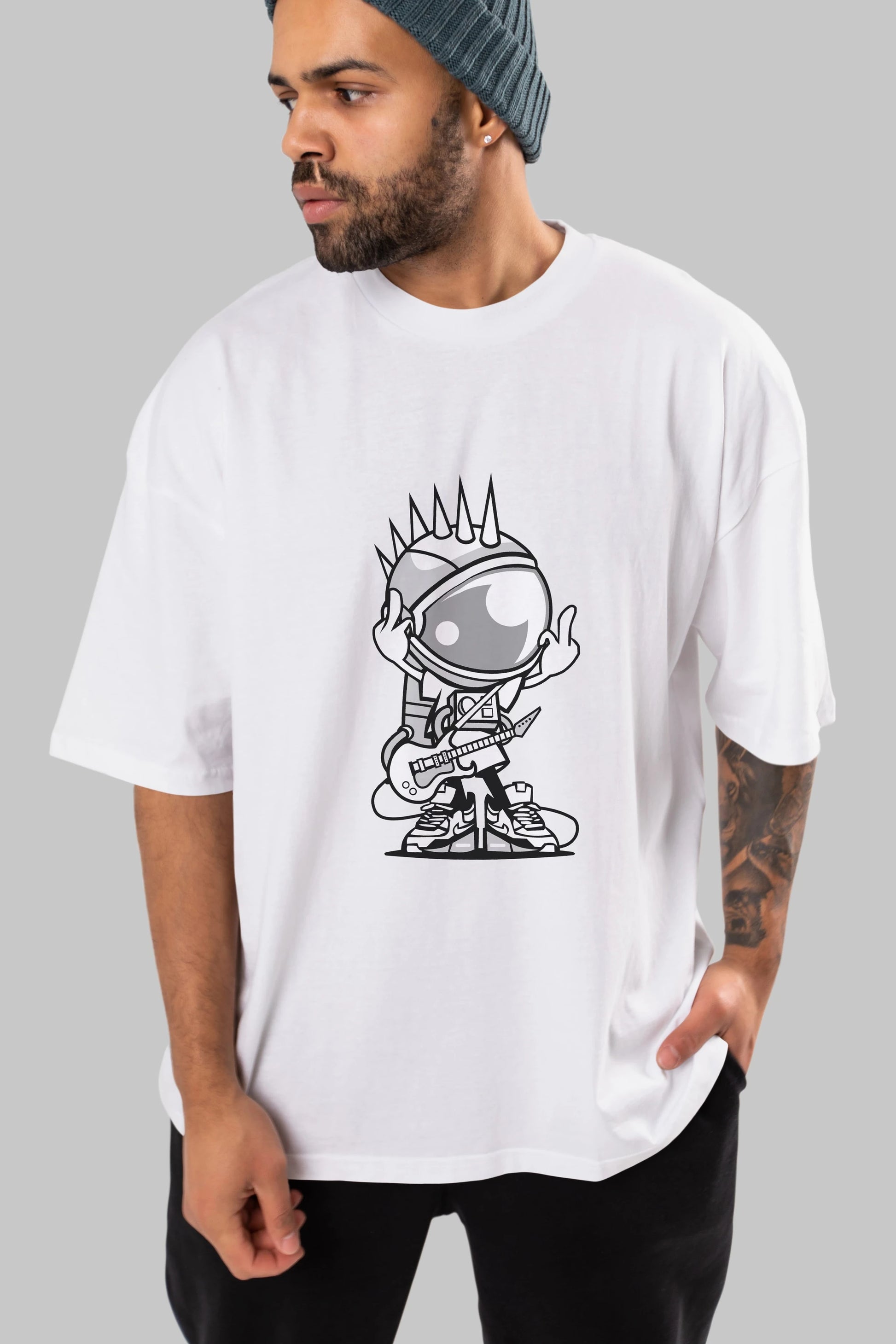 Astronaut Punk Rock Ön Baskılı Oversize t-shirt Erkek Kadın Unisex %100 Pamuk tişort
