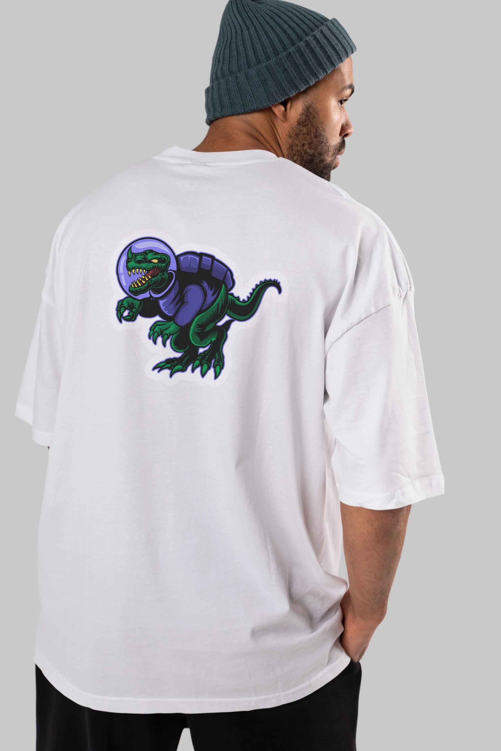 Space Dino Sticker Arka Baskılı Oversize t-shirt Erkek Kadın Unisex