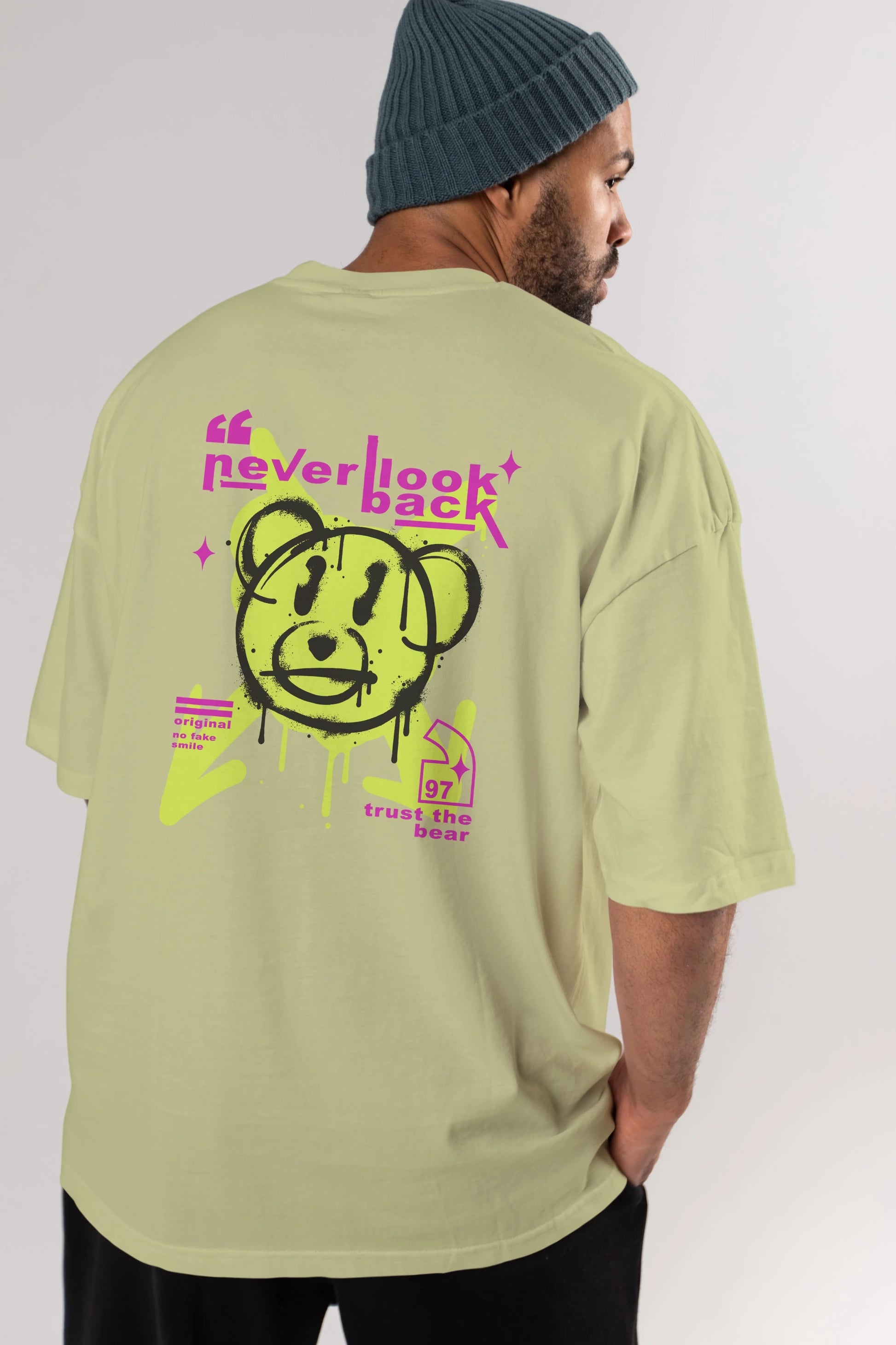 Never Look Back Bear Arka Baskılı Oversize t-shirt Erkek Kadın Unisex