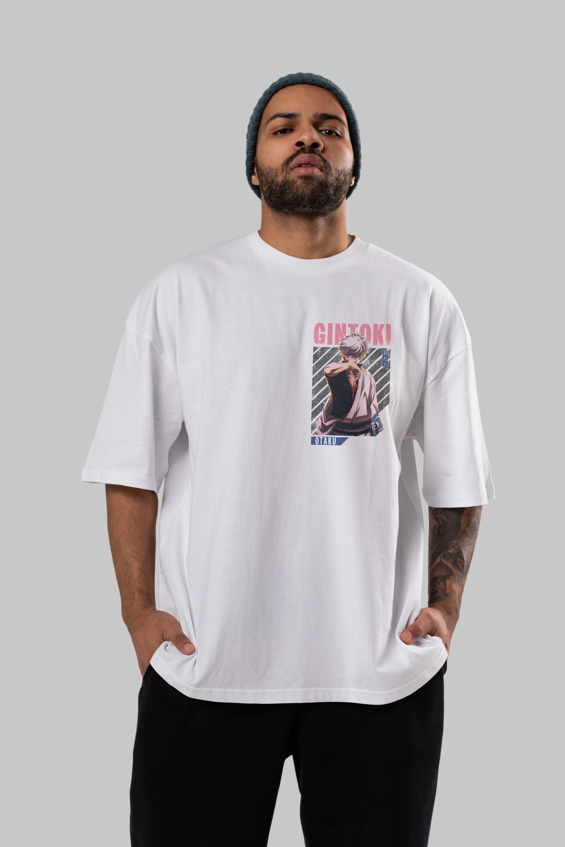 Gintoki Sakata Ön Sol Baskılı Oversize t-shirt Erkek Kadın Unisex %100 Pamuk Bisiklet Yaka tişort