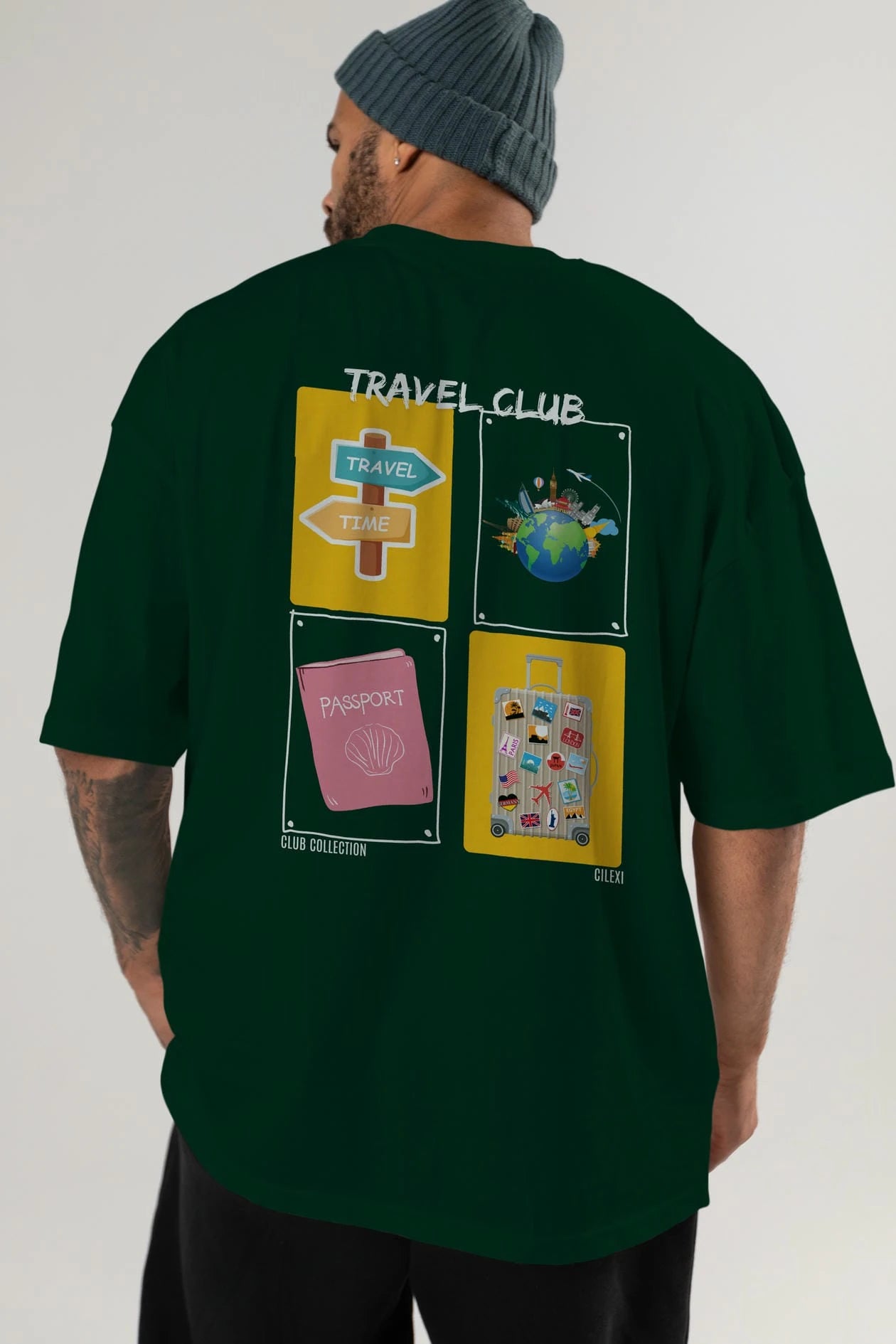 Travel Club Arka Baskılı Oversize t-shirt Erkek Kadın %100 Pamuk Bisiklet Yaka tişort