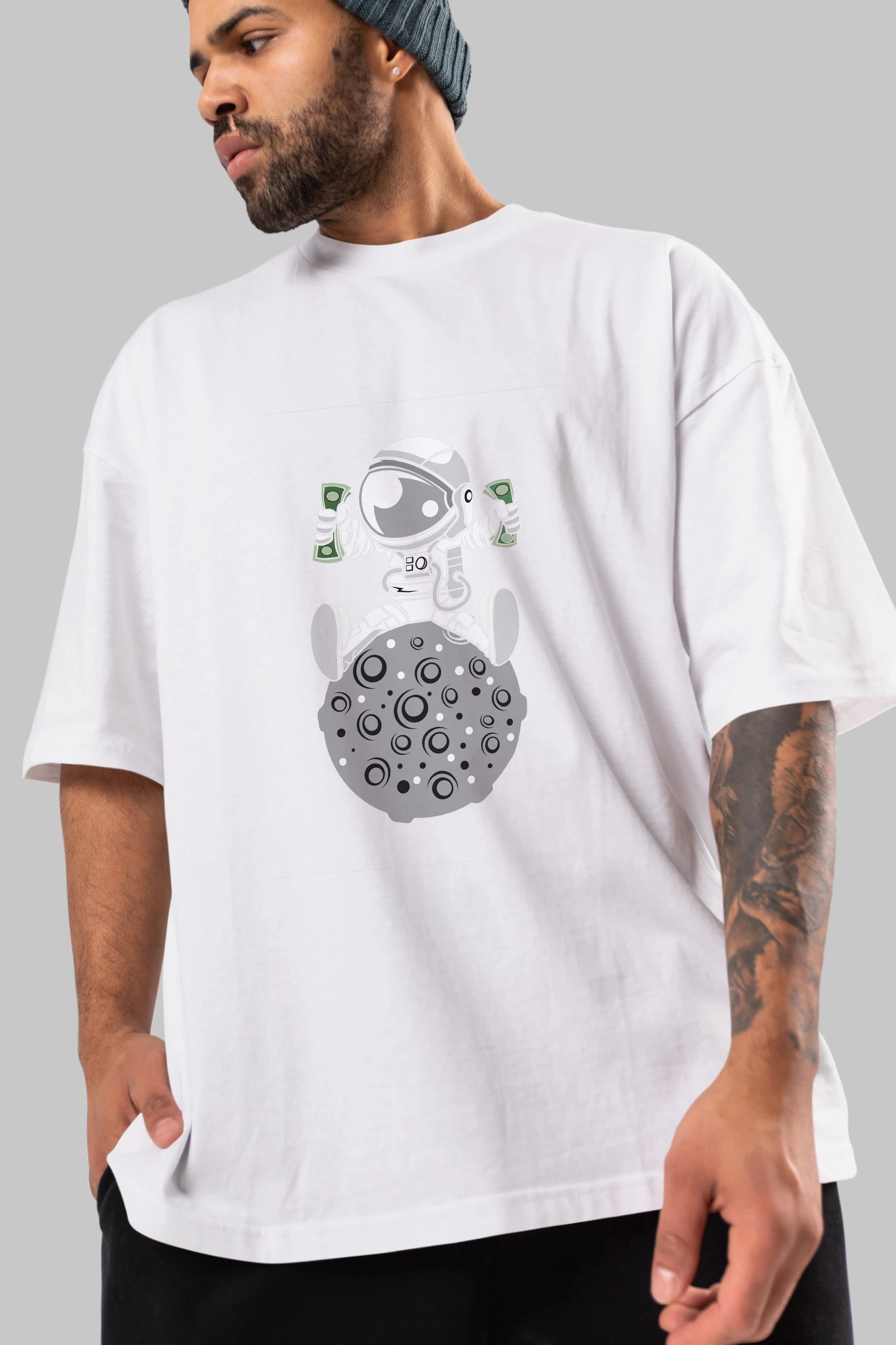 Astronaut Dollar Ön Baskılı Oversize t-shirt Erkek Kadın Unisex %100 Pamuk tişort