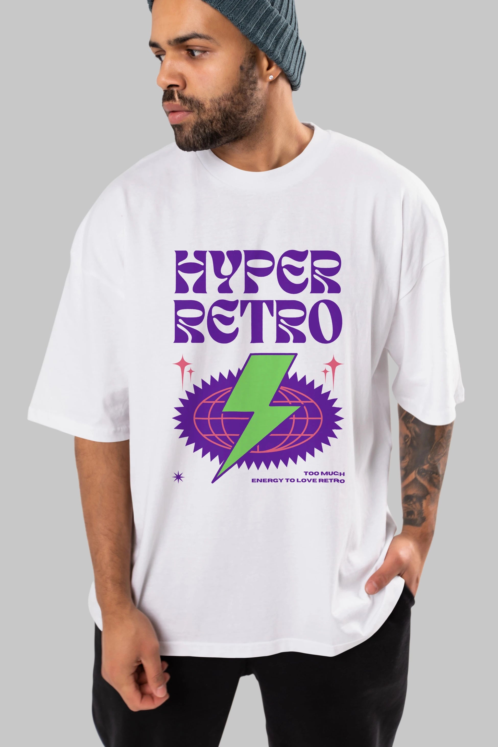 Hyper Retro Yazılı Ön Baskılı Oversize t-shirt Erkek Kadın Unisex