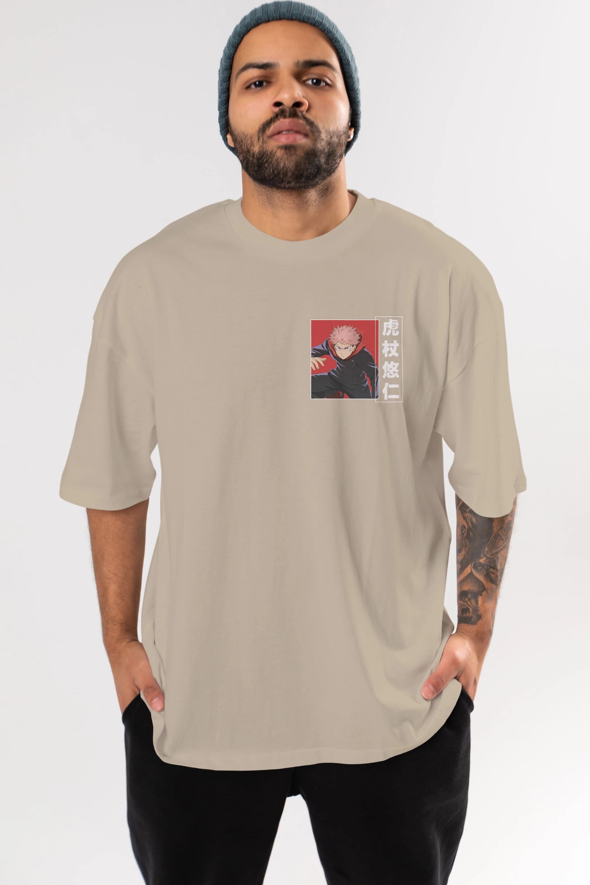 Yuuji Itadori 2 Ön Sol Baskılı Oversize t-shirt Erkek Kadın Unisex %100 Pamuk Bisiklet Yaka tişort