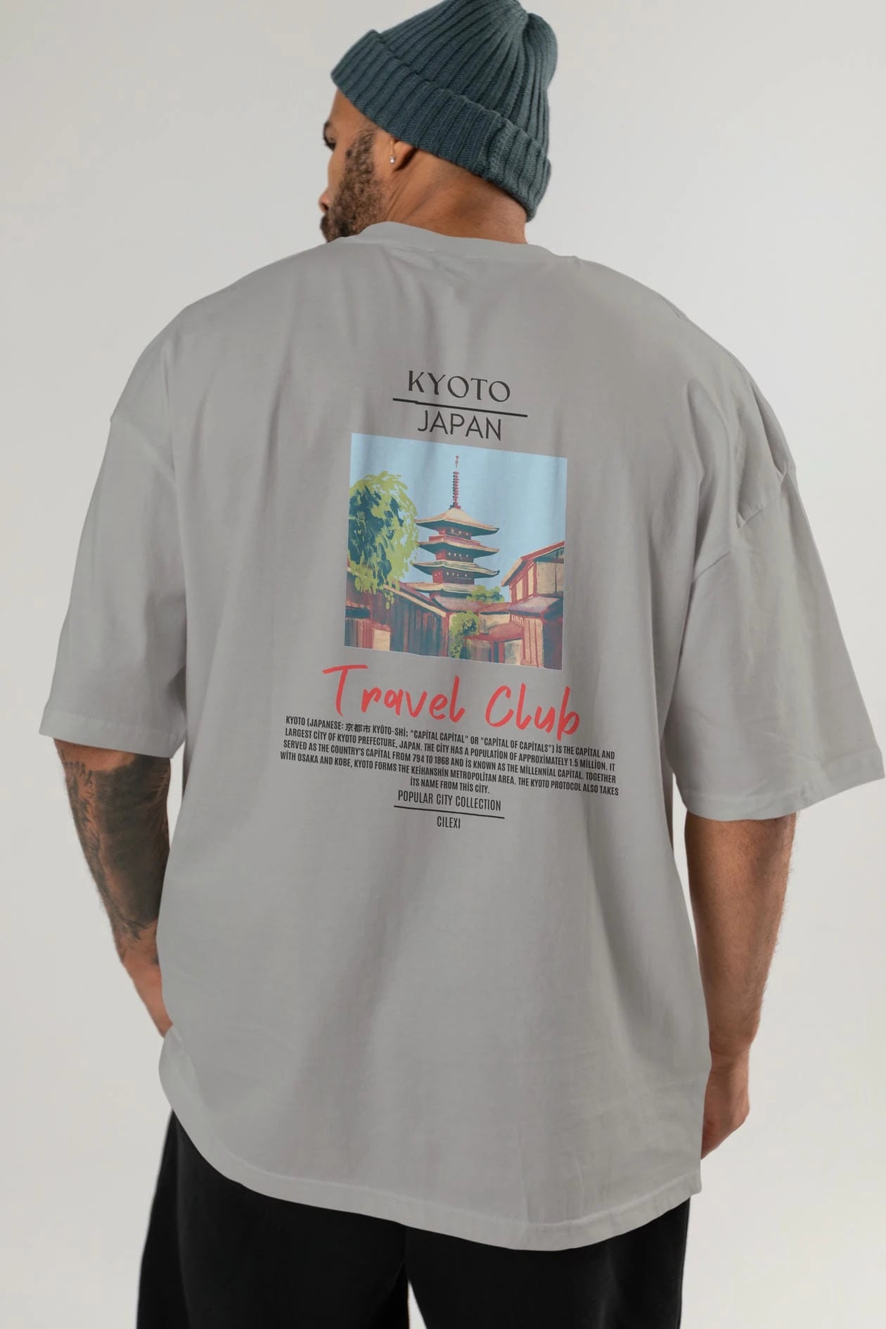 Kyoto Japan Arka Baskılı Oversize t-shirt Erkek Kadın Pamuk Bisiklet Yaka tişort