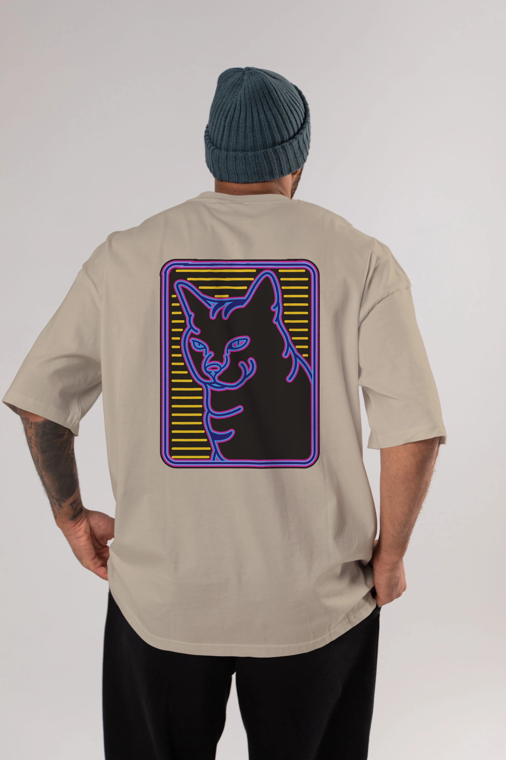 Neon Cat Arka Baskılı Oversize t-shirt Erkek Kadın Unisex