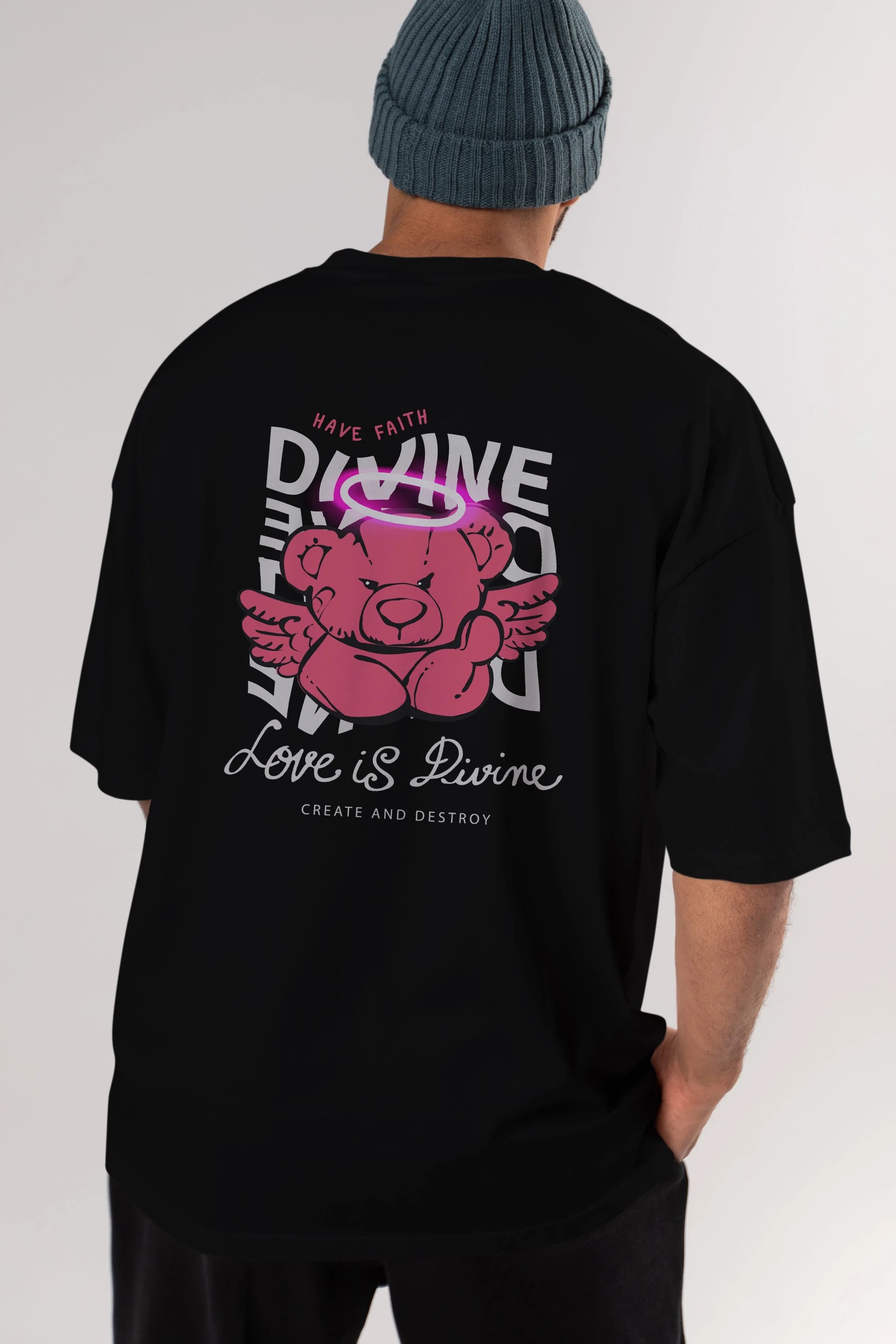 Love is Divine Bear Arka Baskılı Oversize t-shirt Erkek Kadın Unisex