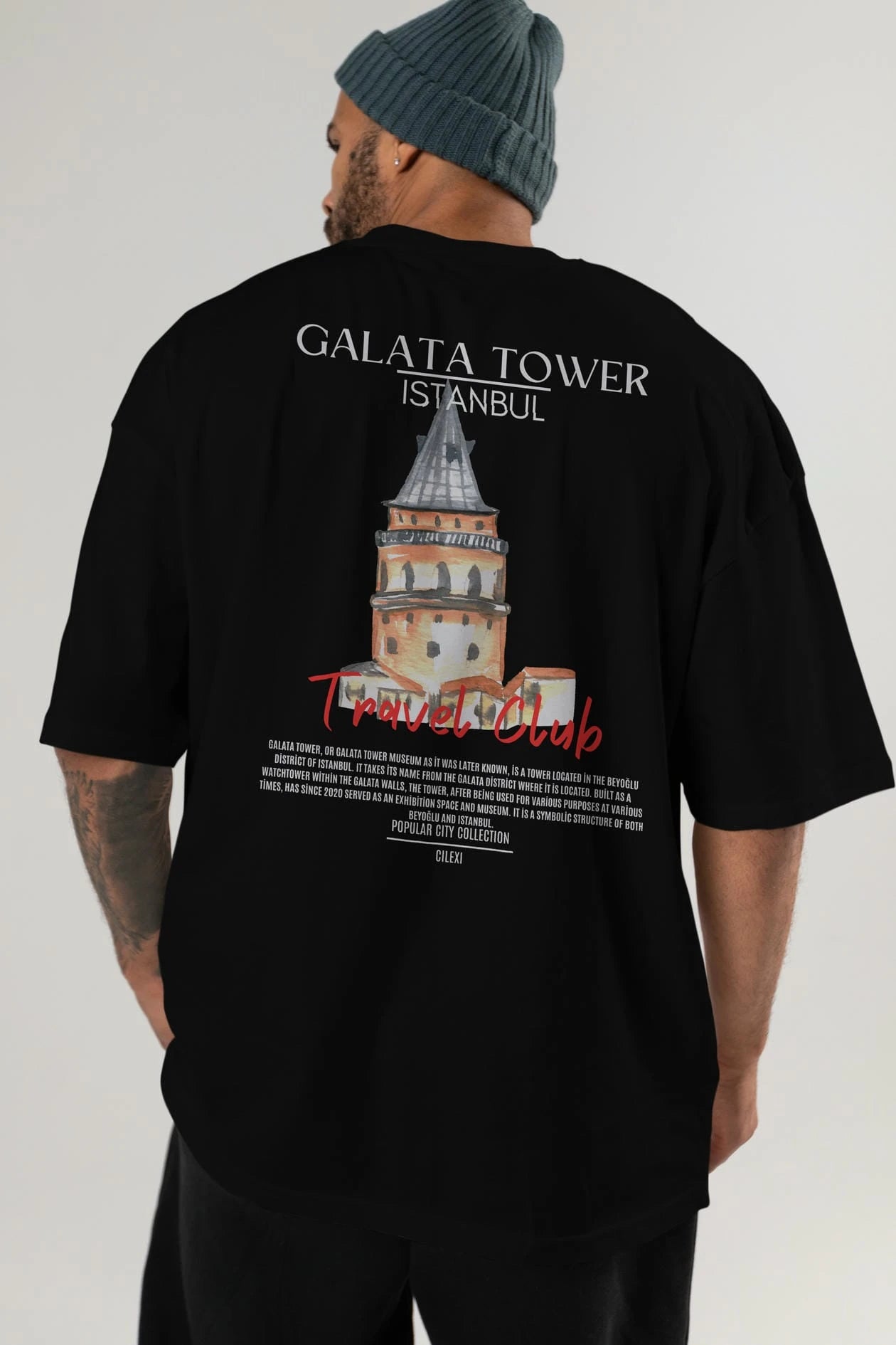 Galata Tower İstanbul Arka Baskılı Oversize t-shirt Erkek Kadın Pamuk Bisiklet Yaka tişort