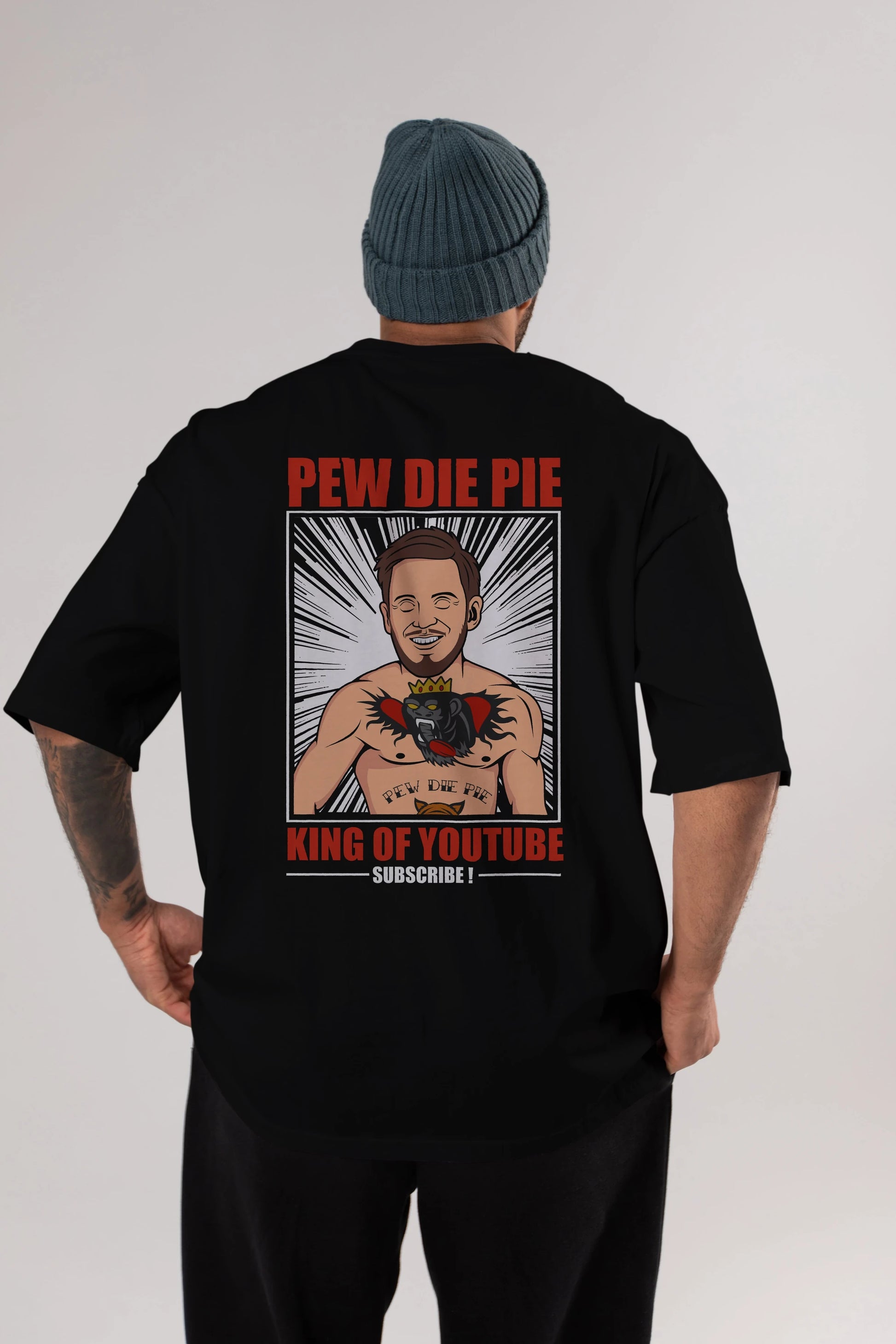 Pew Die Pie Fighter Arka Baskılı Oversize t-shirt Erkek Kadın Unisex %100 Pamuk tişort