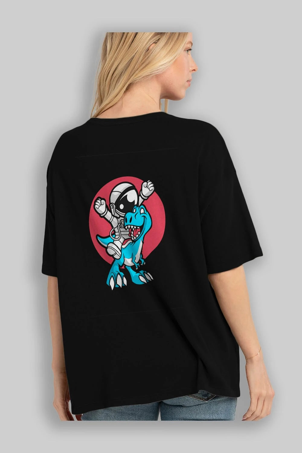 Astronaut Dino Arka Baskılı Oversize t-shirt Erkek Kadın Unisex %100 Pamuk tişort