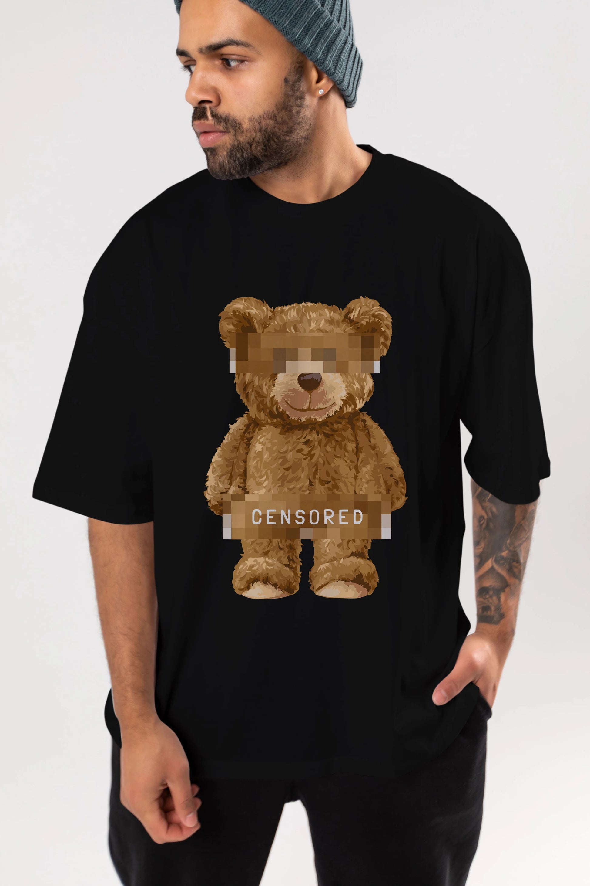 Teddy Bear Censored Ön Baskılı Oversize t-shirt Erkek Kadın Unisex %100 Pamuk