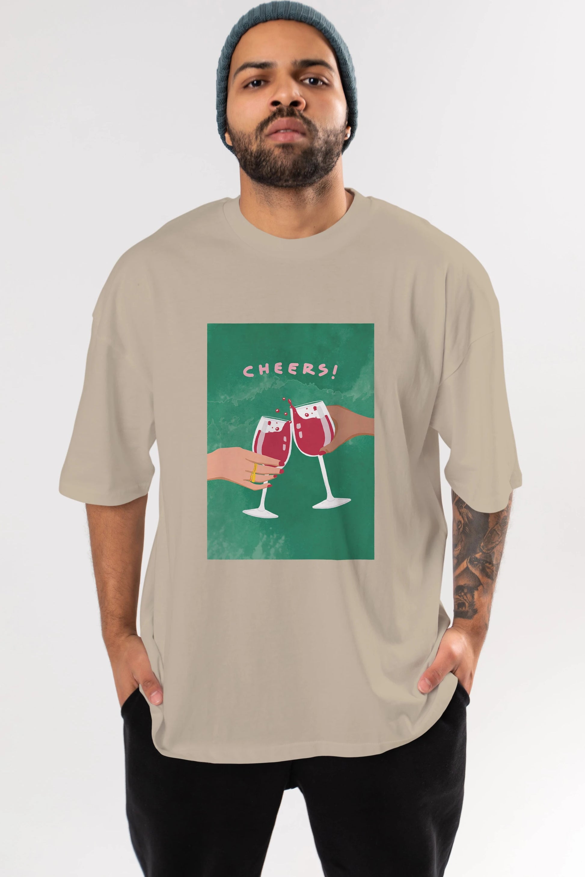 Cheers Ön Baskılı Oversize t-shirt Erkek Kadın Unisex %100 Pamuk Bisiklet Yaka tişort