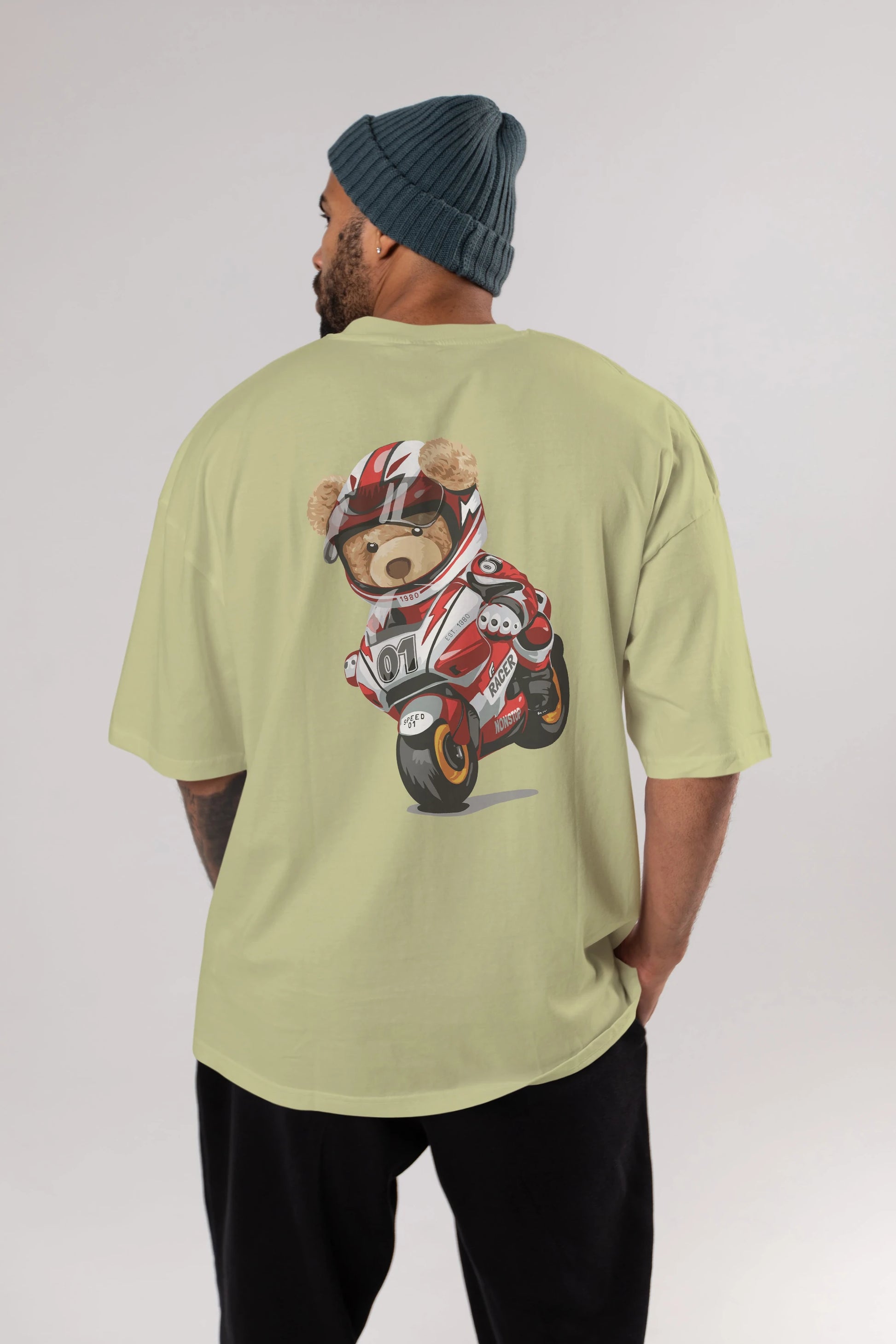Teddy Bear Racer Arka Baskılı Oversize t-shirt Erkek Kadın Unisex %100 Pamuk
