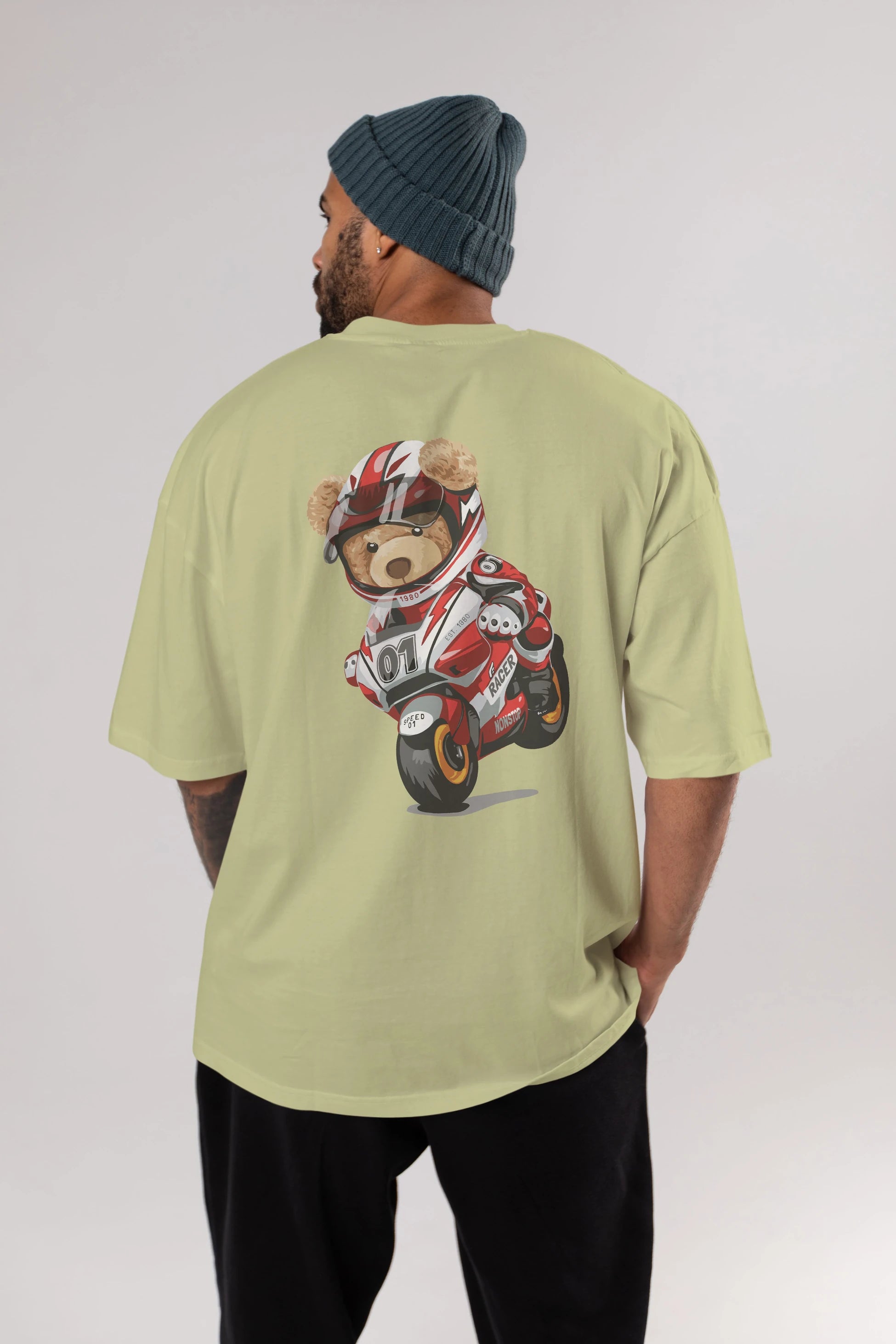 Teddy Bear Racer Arka Baskılı Oversize t-shirt Erkek Kadın Unisex %100 Pamuk