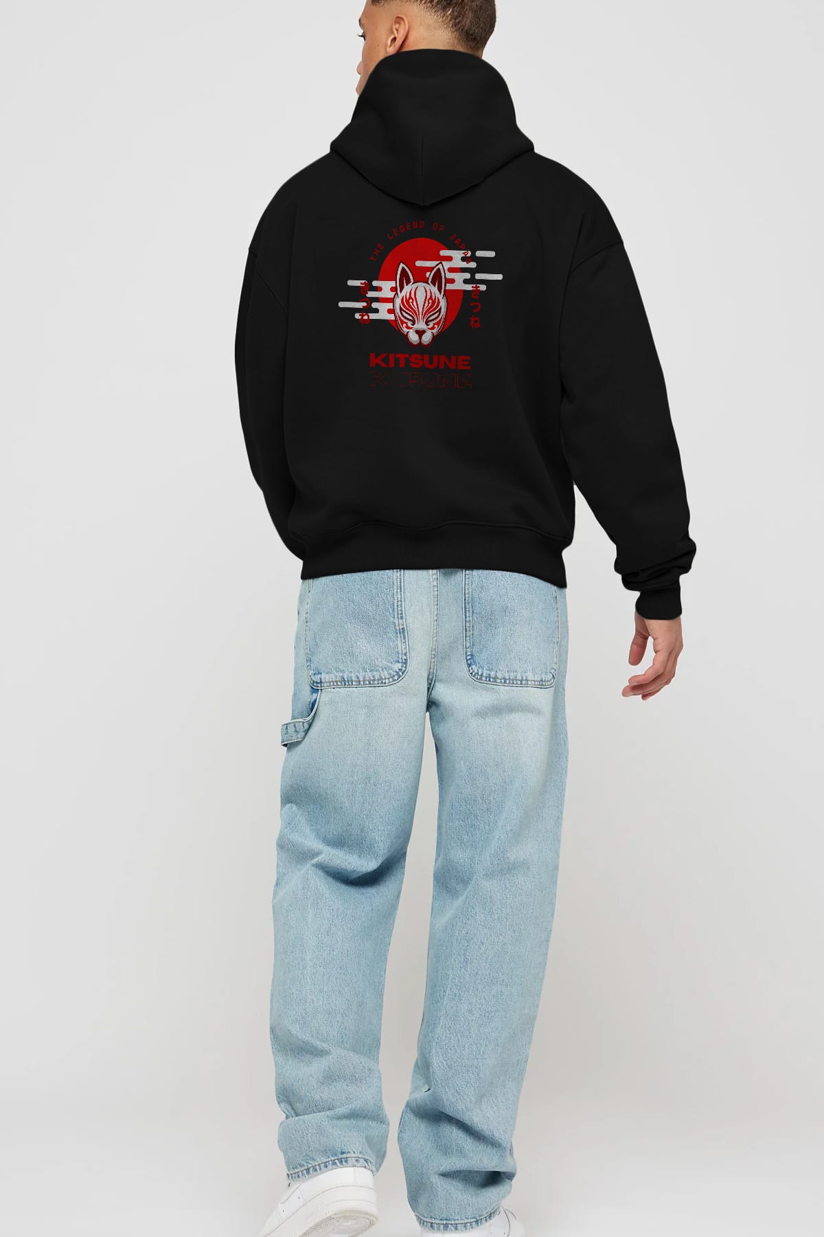 Kitsune Mask Arka Baskılı Oversize Hoodie Kapüşonlu Sweatshirt Erkek Kadın Unisex