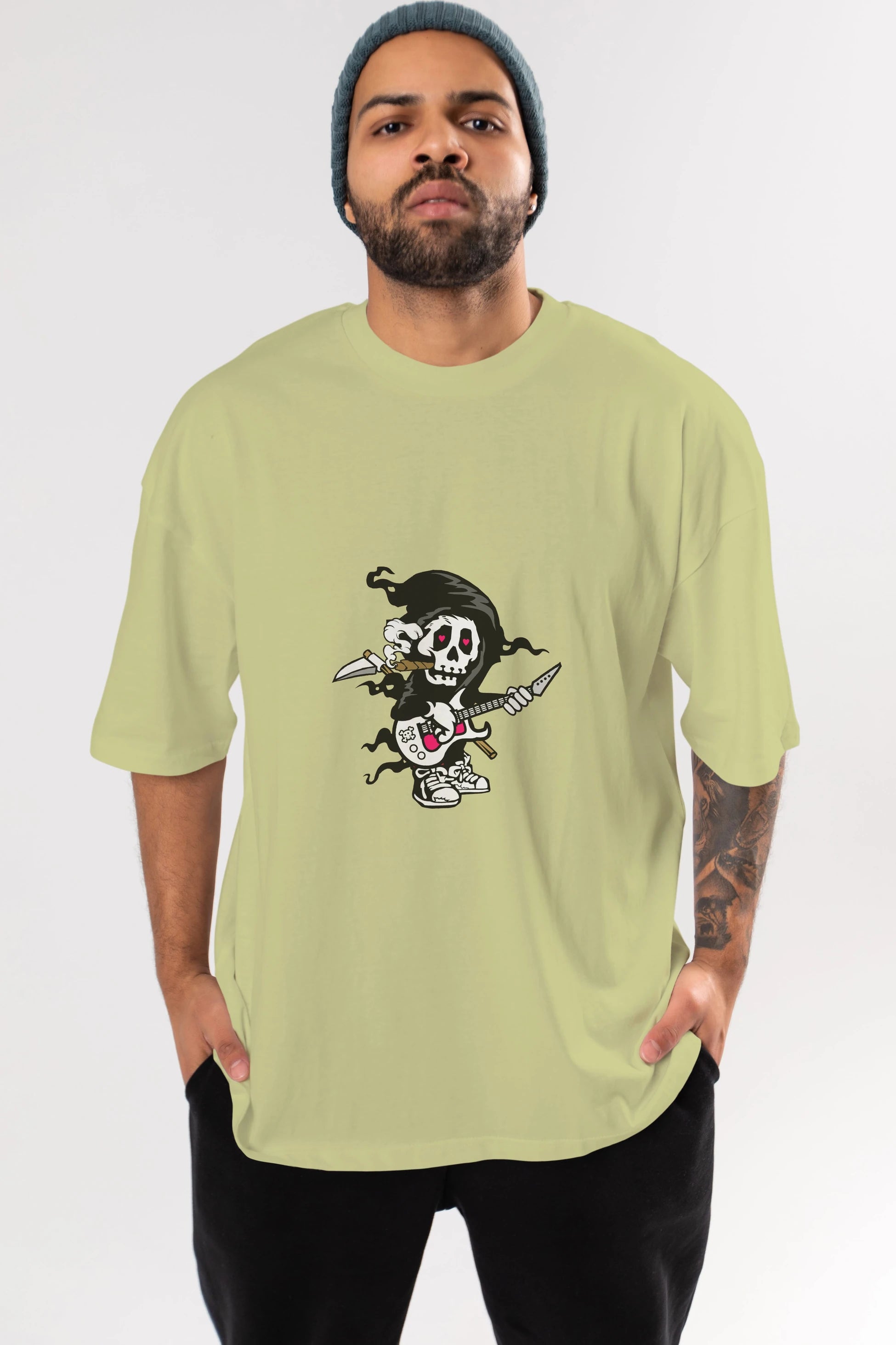 Grim Rockstar Ön Baskılı Oversize t-shirt Erkek Kadın Unisex %100 Pamuk tişort