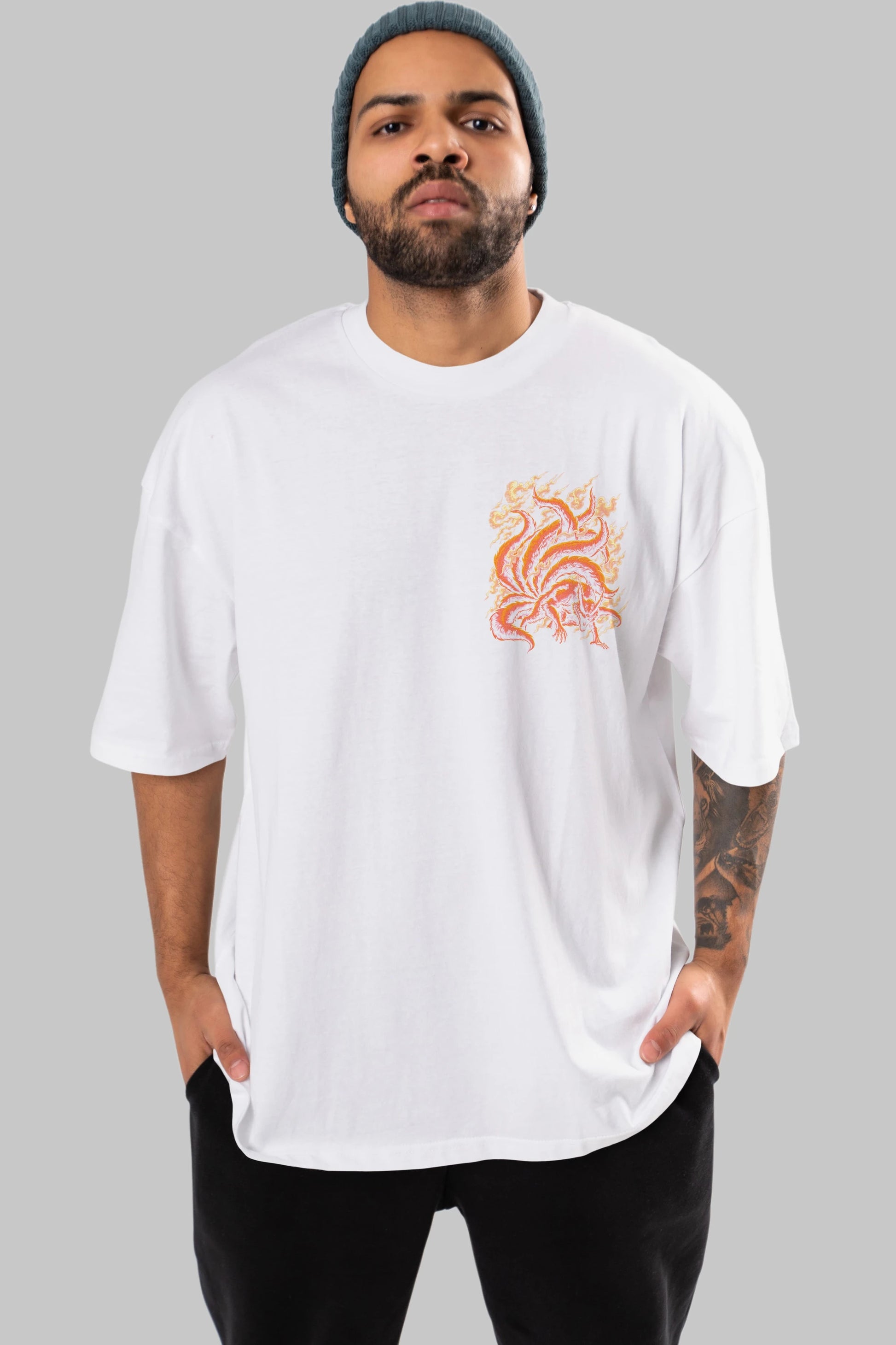 NARUTO KYUUBI Ön Sol Baskılı Oversize t-shirt Erkek Kadın Unisex %100 Pamuk Bisiklet Yaka tişort