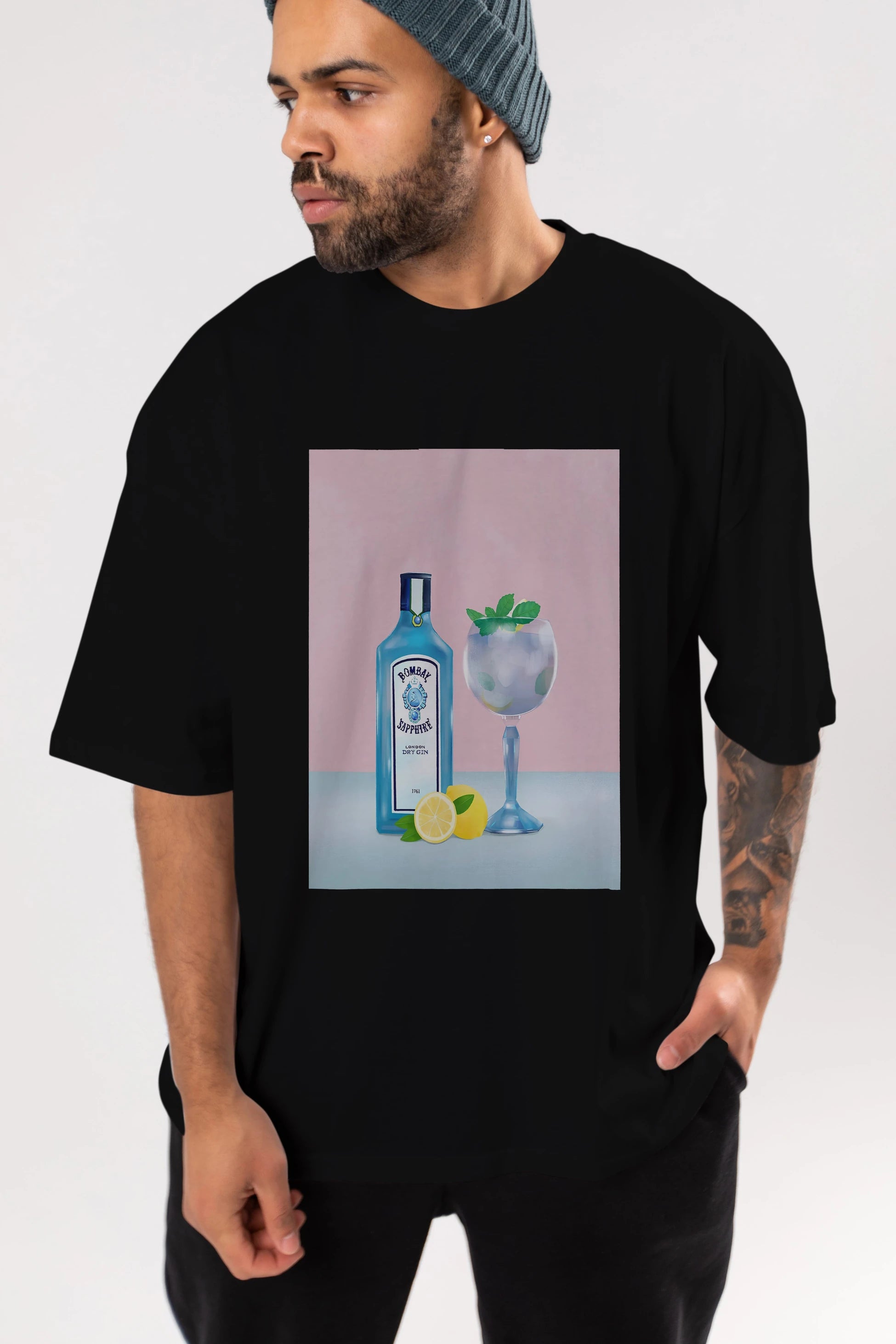 Bombay Sapphire Dry Gin Ön Baskılı Oversize t-shirt Erkek Kadın Unisex %100 Pamuk Bisiklet Yaka tişort