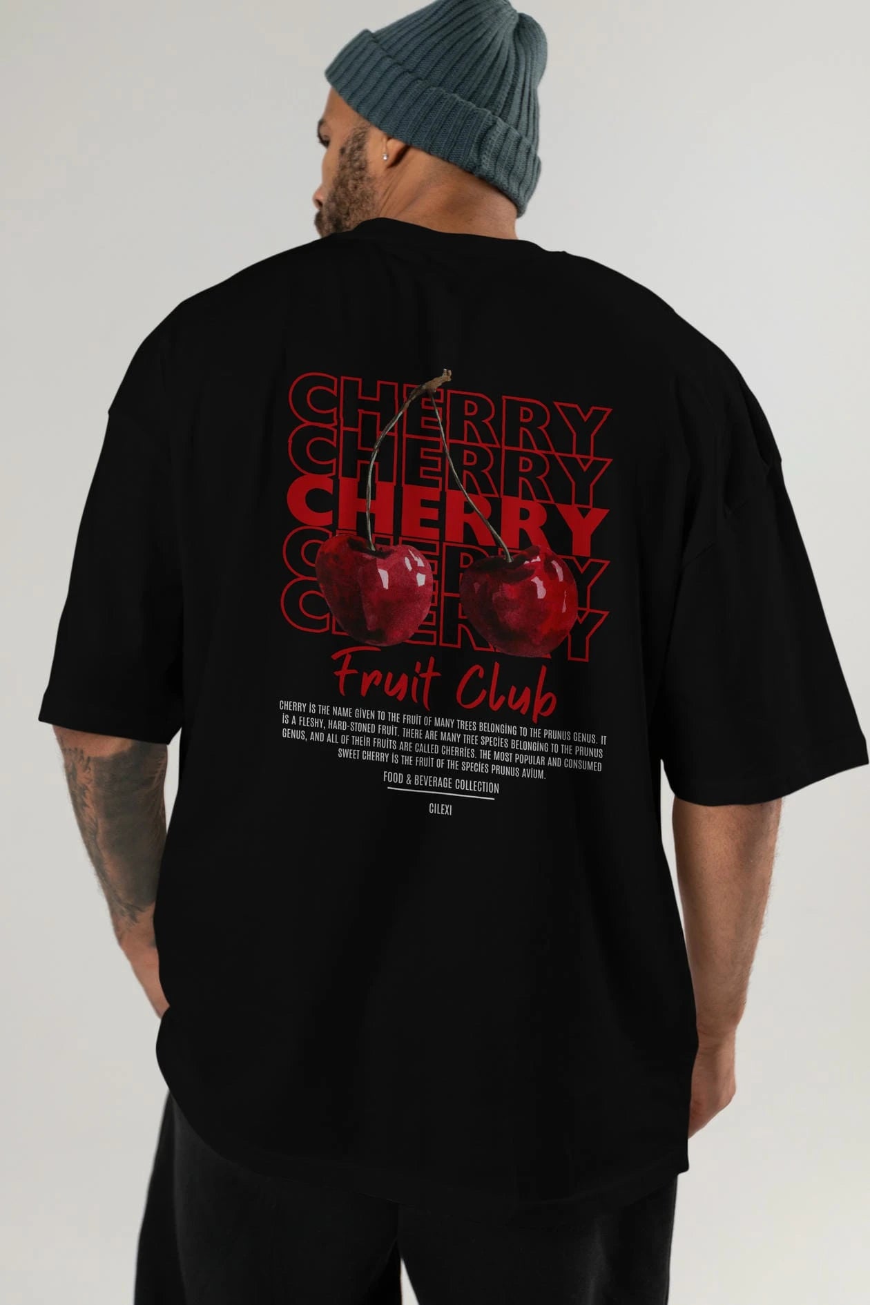 Cherry Arka Baskılı Oversize t-shirt Erkek Kadın Pamuk Bisiklet Yaka tişort