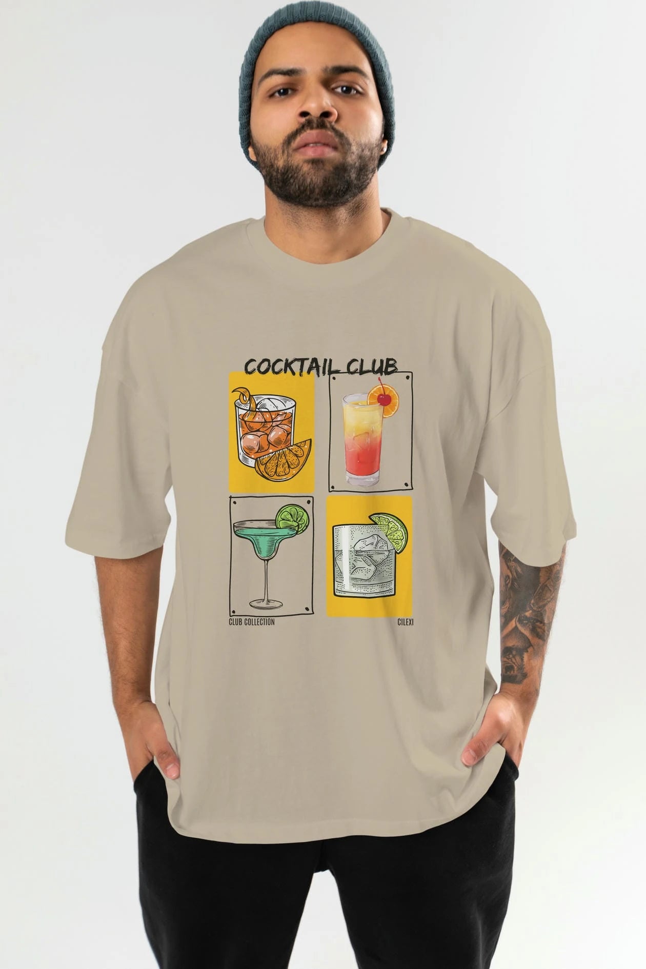 Cocktail Club ön Baskılı Oversize t-shirt Erkek Kadın %100 Pamuk Bisiklet Yaka tişort