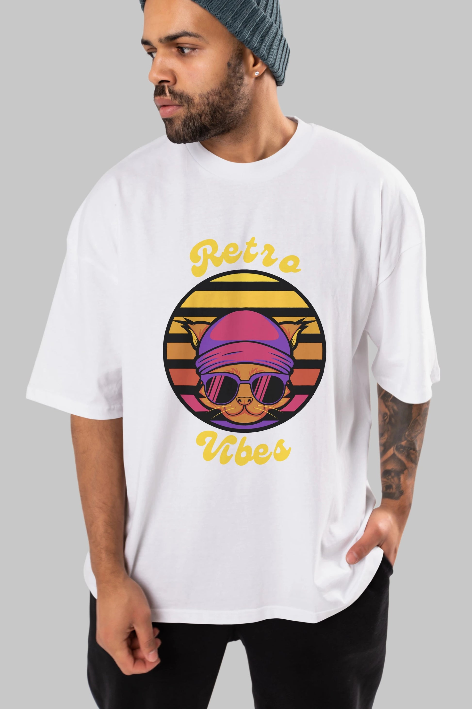 Cat Retro Vibes Ön Baskılı Oversize t-shirt Erkek Kadın Unisex