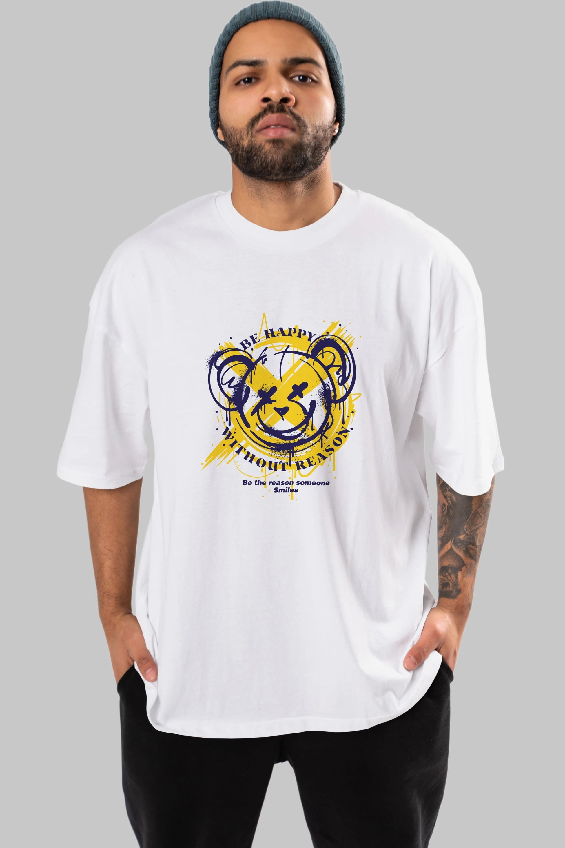 Be Happy Bear 2 Ön Baskılı Oversize t-shirt Erkek Kadın Unisex