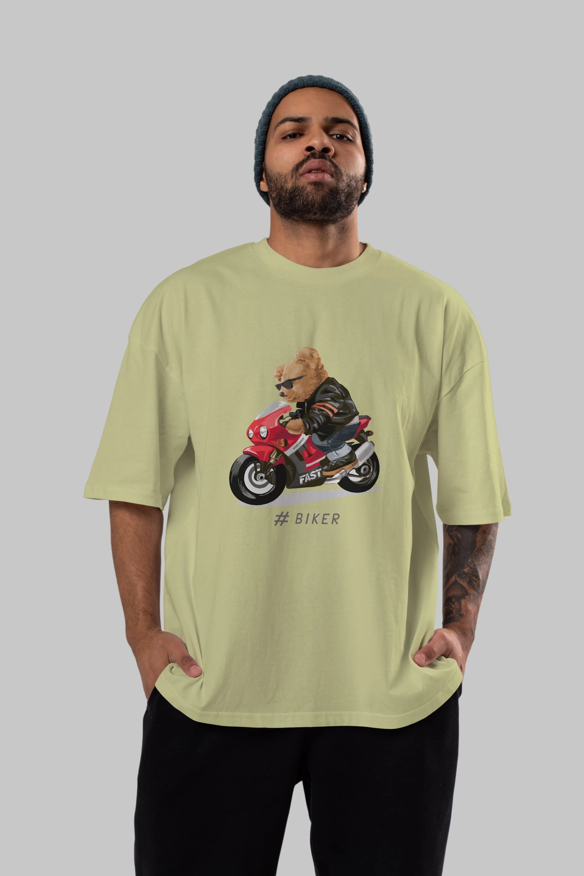 Teddy Bear Biker Ön Baskılı Oversize t-shirt Erkek Kadın Unisex %100 Pamuk