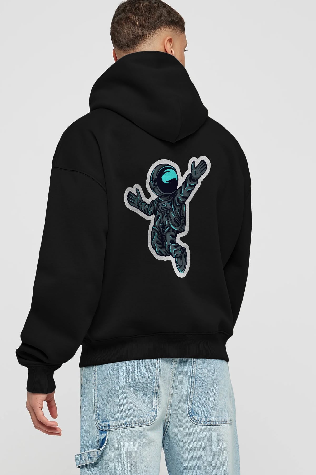 Happy Astronaut Sticker Arka Baskılı Hoodie Oversize Kapüşonlu Sweatshirt Erkek Kadın Unisex