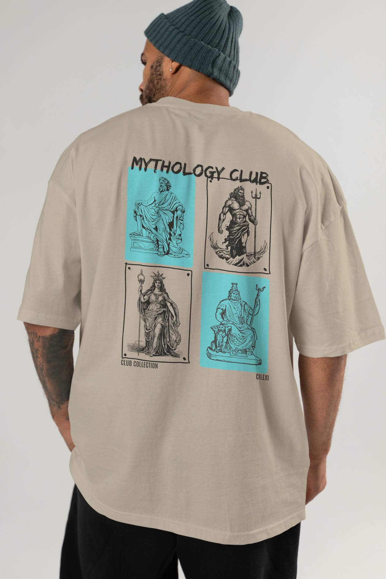 Mythology Club Arka Baskılı Oversize t-shirt Erkek Kadın %100 Pamuk Bisiklet Yaka tişort