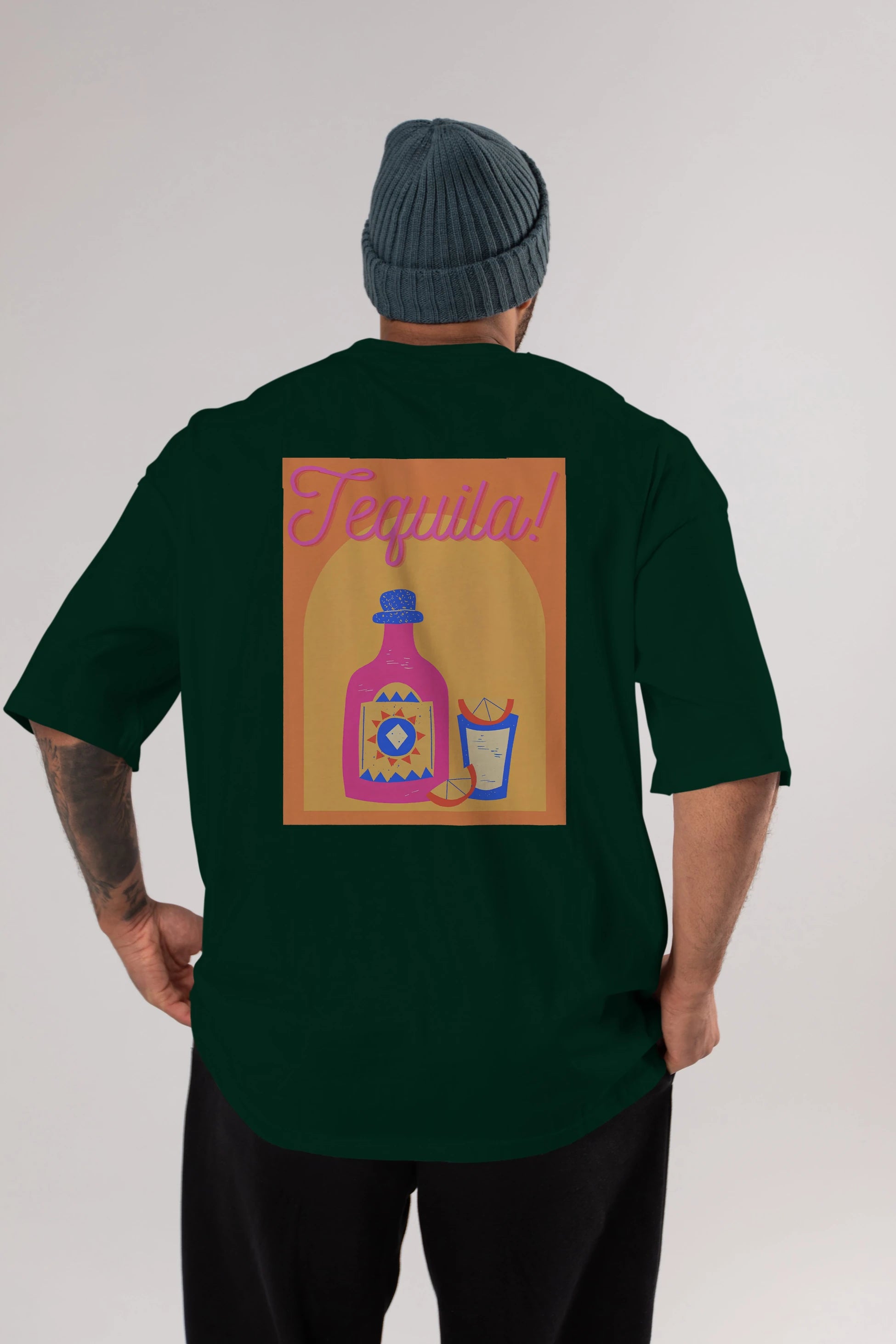 Tequila Arka Baskılı Oversize t-shirt Erkek Kadın Unisex %100 Pamuk Bisiklet Yaka tişort