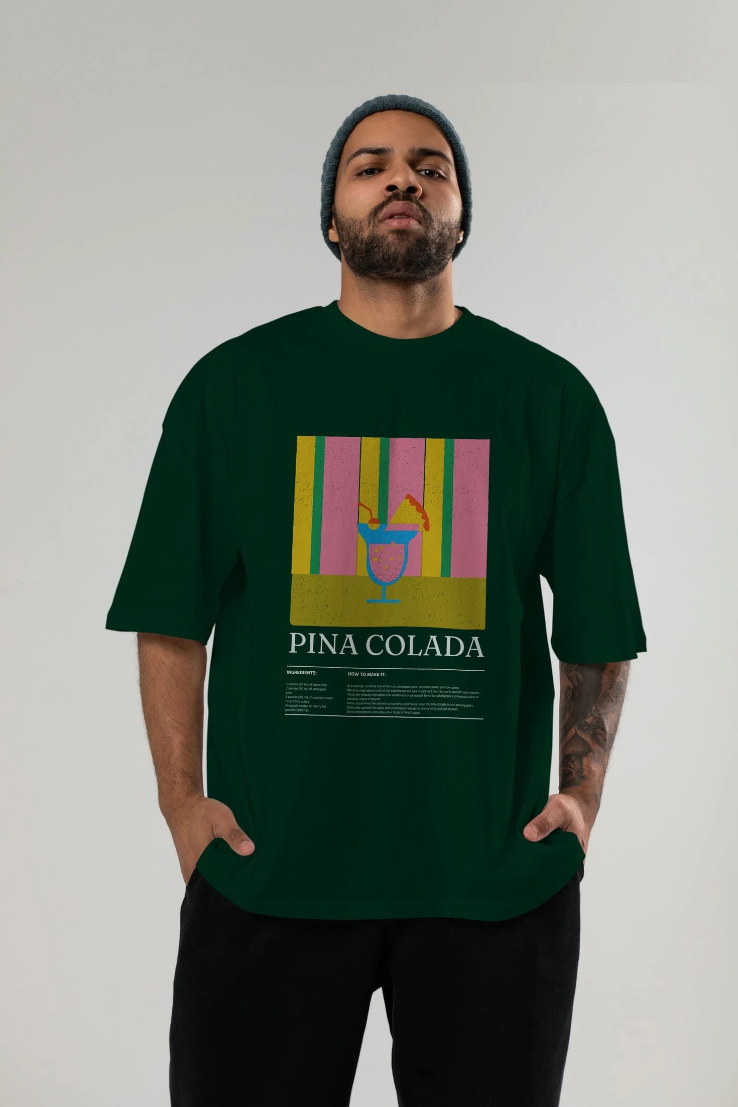 Pina Colada Kokteyl Ön Baskılı Oversize t-shirt Erkek Kadın %100 Pamuk Bisiklet Yaka tişort