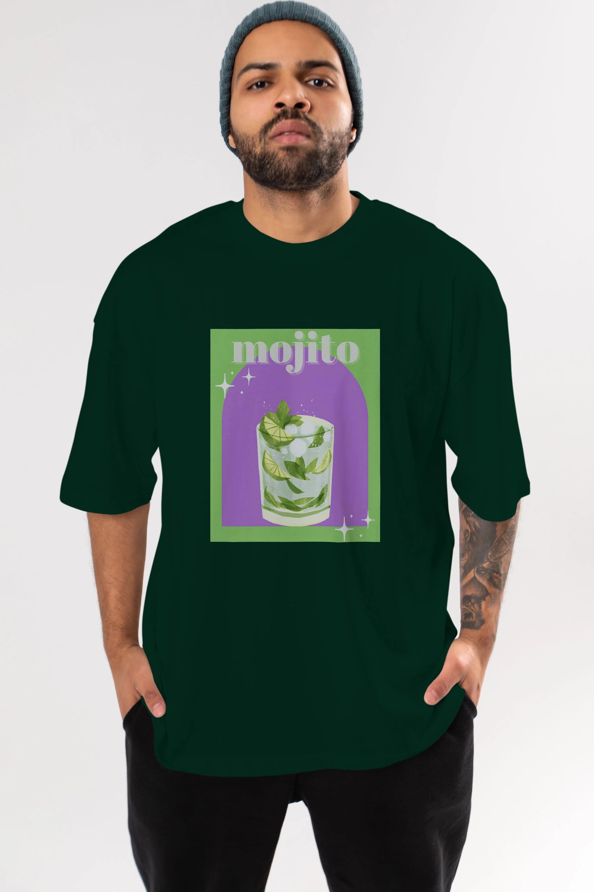 Mojito 3 Ön Baskılı Oversize t-shirt Erkek Kadın Unisex %100 Pamuk Bisiklet Yaka tişort