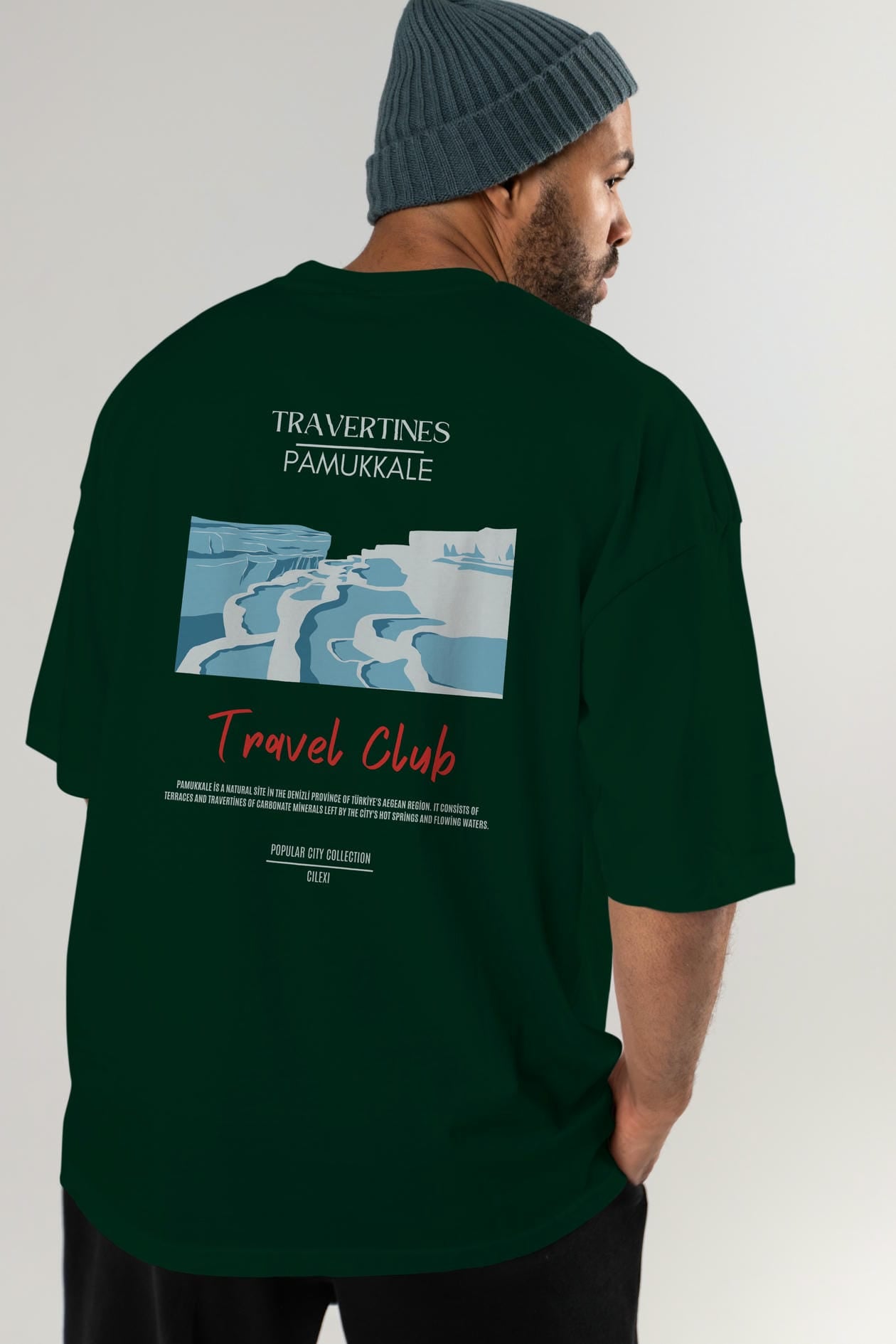 Travertines Pamukkale Arka Baskılı Oversize t-shirt Erkek Kadın Pamuk Bisiklet Yaka tişort